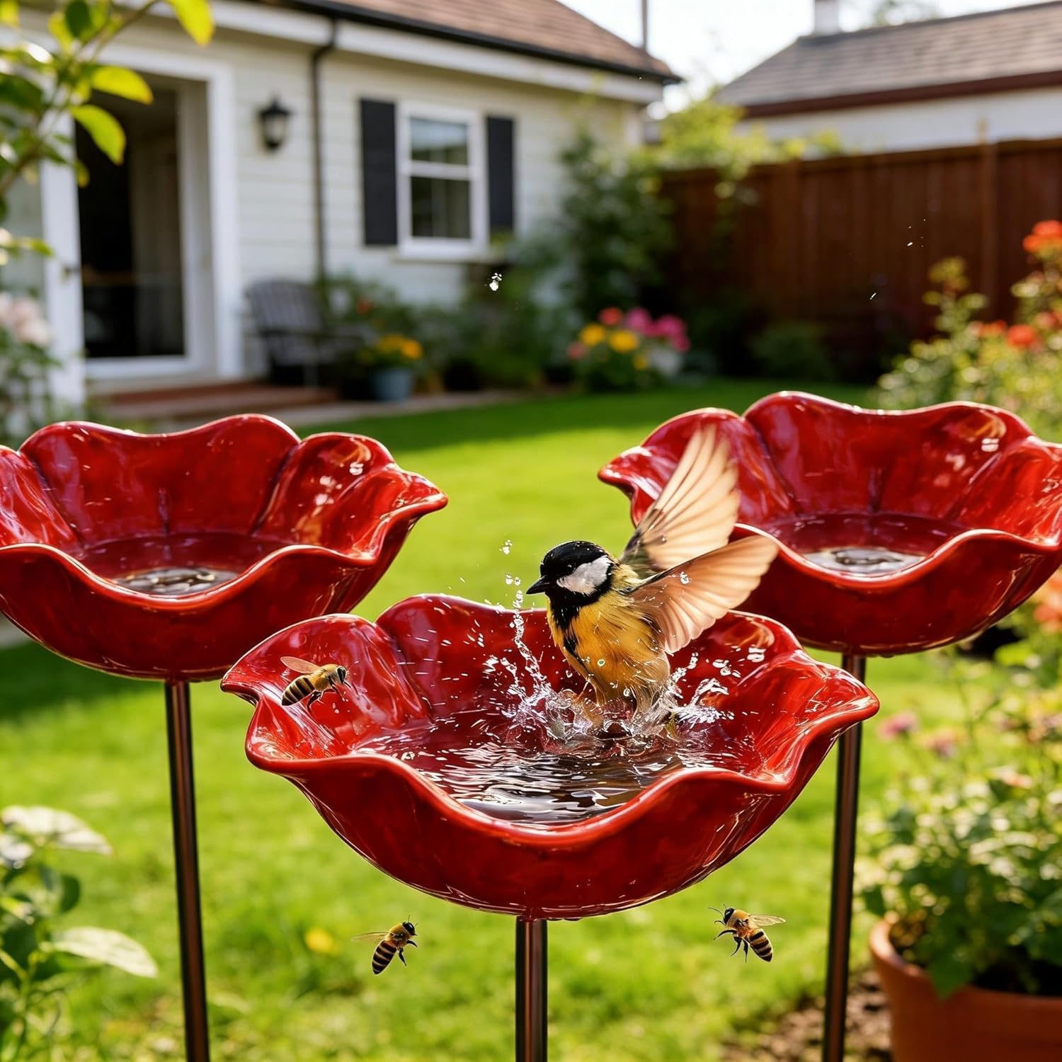 Handmade Metal Flower Garden Stake, Weather Resistant Feeding Bowl with Metal Stake, Decorative Outdoor Yard Art, Red Birdbath Bowl for Yard Lawn Patio Landscape Decor (Red*3)