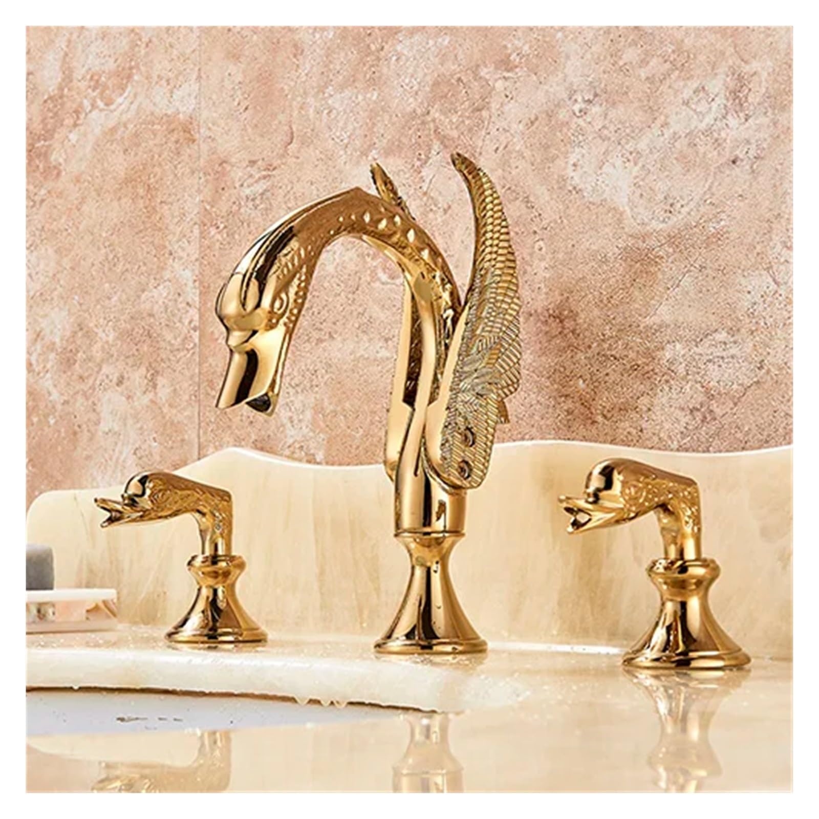 GLJTUO Faucet, Luxury Bathroom Faucet Brass Golden Swan Shape Basin Tap Dual Handle Deck Mount Mixer Tap Sink Faucets Hot and Cold Water Mixer,A