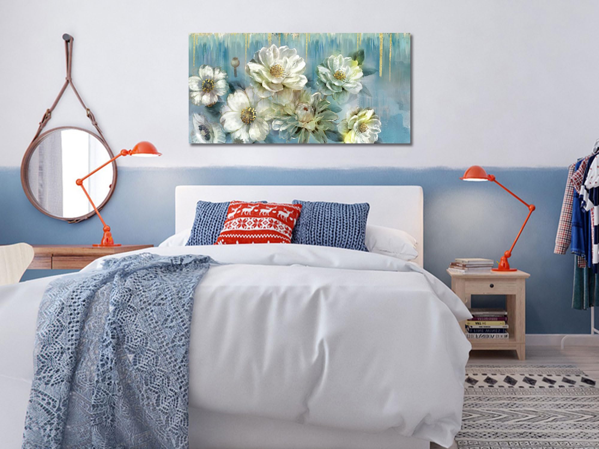 Ardemy Flowers Teal Wall Art Canvas Magnolia White Floral Picture Textured Painting Modern Turquoise Artwork Framed for Living Room Bathroom Bedroom Dinning Room Home Office Wall Decor, Large 48"x24"