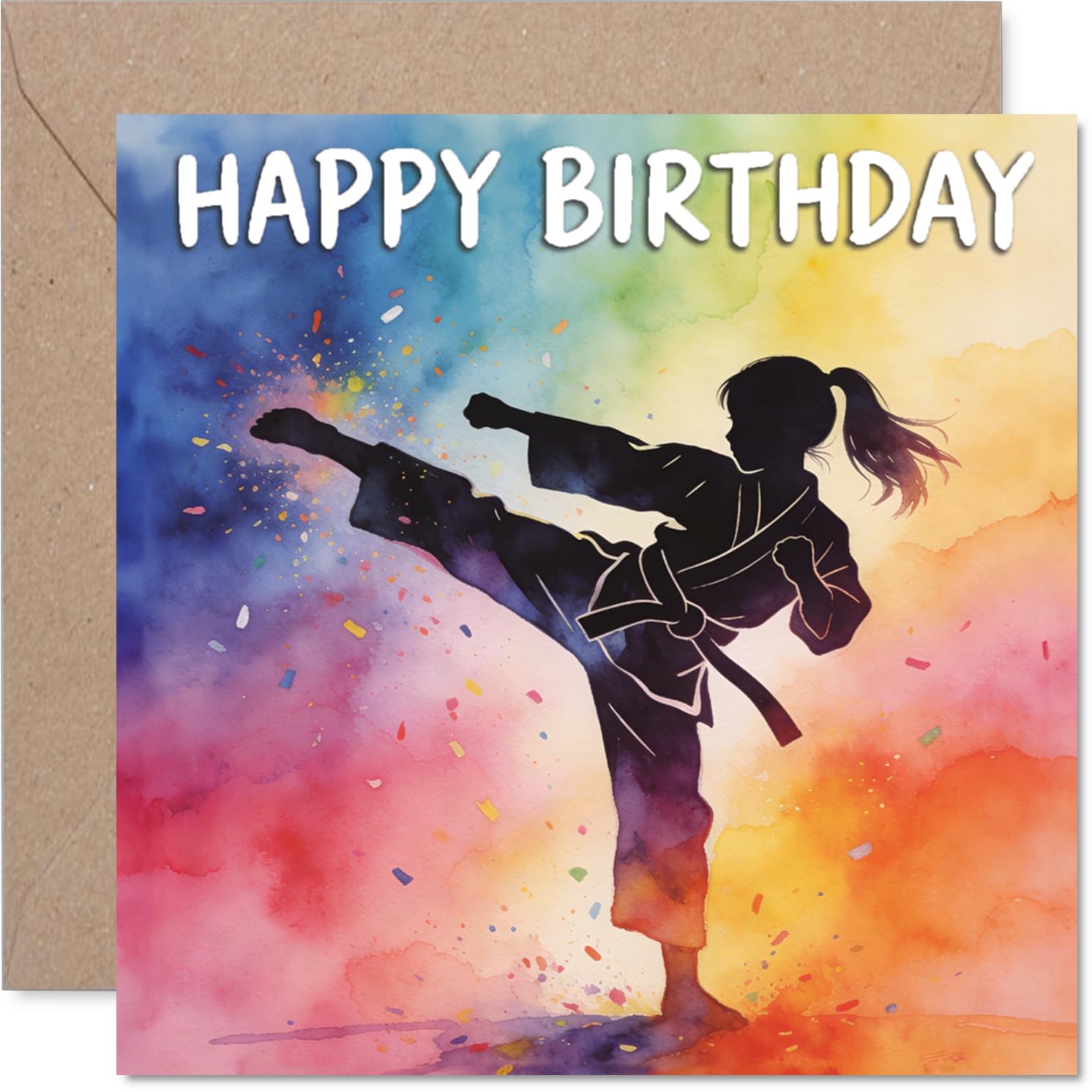 Inspirational Birthday Card - Kickstart the Celebrations - Vibrant Martial Arts Silhouette on Watercolour Background - 145mm Square, Envelope Included