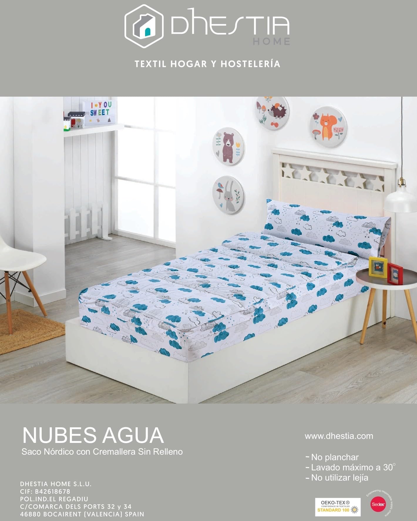 DHESTIA HOME Saco Nórdico con Cremallera para Cama 90 Infantil y Cama 105 Nubes Agua Color Único Talla Cama 90