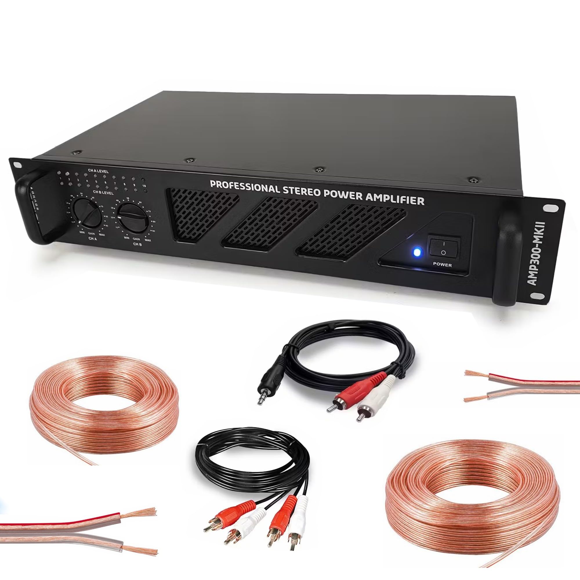 Ibiza - Pacchetto Amplificatore Sono 2 x 240W AMP300MKII - Cavo HP Altoparlante 3m - Cavo RCA/RCA - Cavo PC/RCA DJ