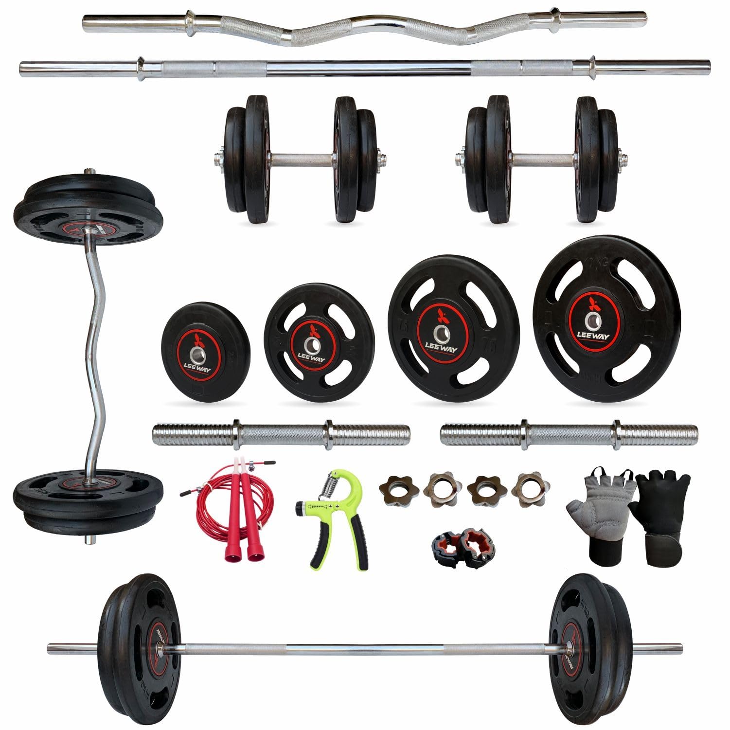 Leeway 4Cut Metal Integrated Rubber Coated Weight Plate 50 Kg Home Gym Set,3Ft Curl (28mm), 5Ft Straight (28mm), Dumbbell Rods, Weight Plates Combo, Gym Equipment (50kg Set (2.5X4+5X4+10X2) Home Gym Combo)
