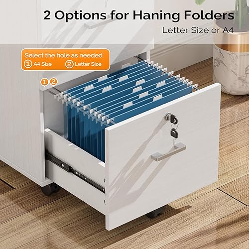 Miniatura 7 de VINGLI Archivador de 2 cajones con cerradura, archivadores blancos con veta de madera para carpetas de archivos tamaño carta con pestañas,