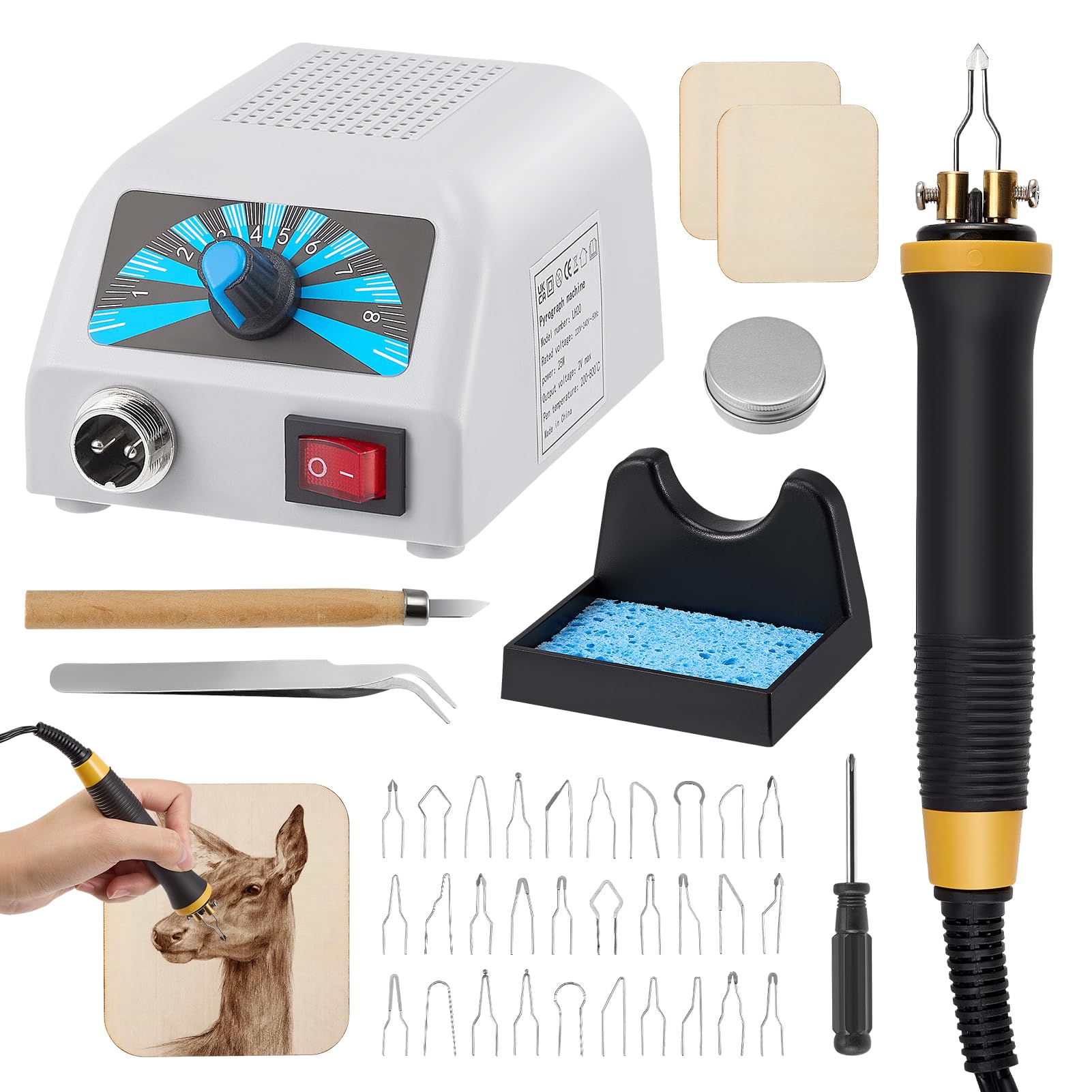 Brandmalerei Set mit Digitalanzeige 280-800°C, Brandmalkolben Profi Holzverbrennungsset mit 30 Drahtspitzen, Schnelles Aufheizen Ergonomischer Griff, für Anfänger DIY Basteln Holz Gravur, Standard