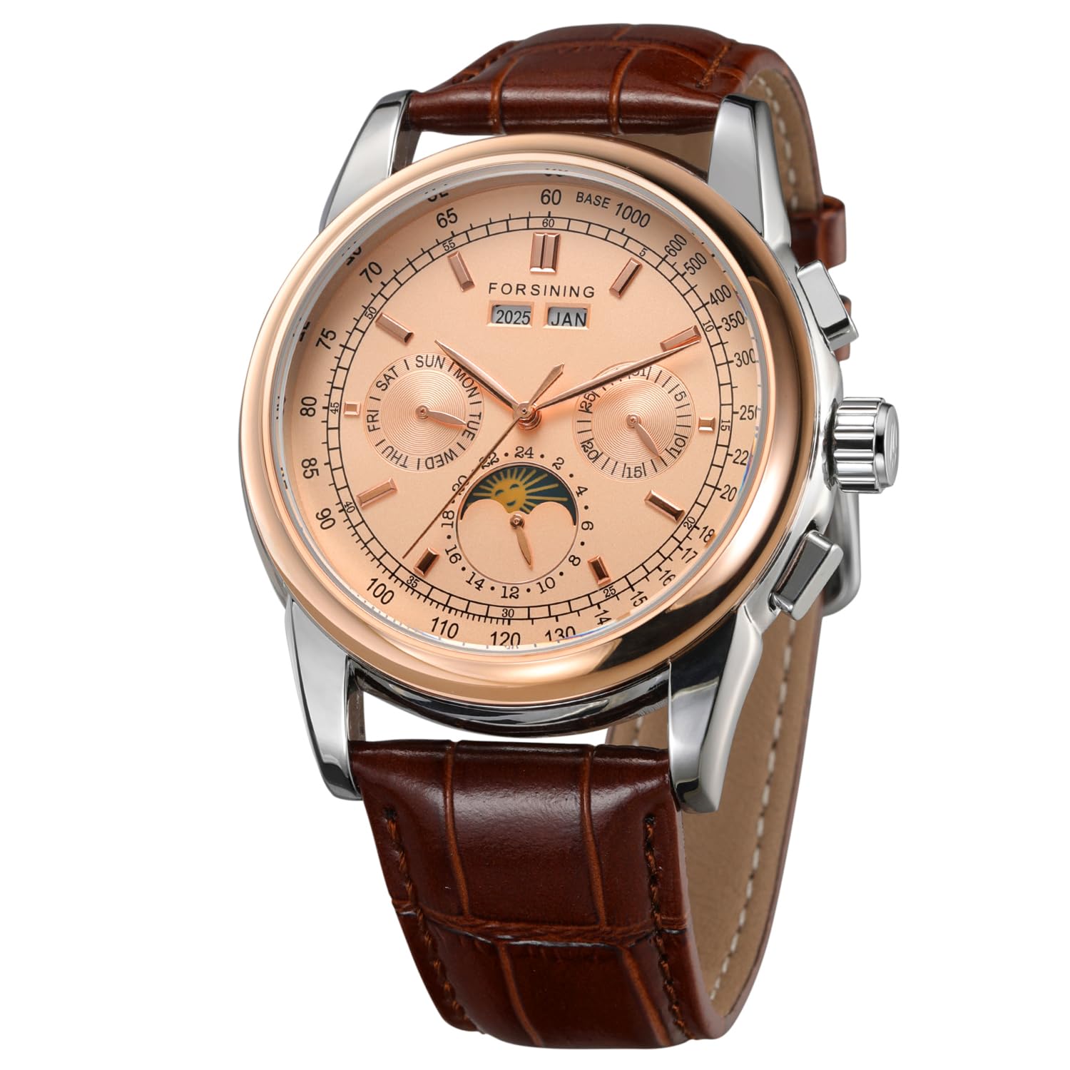 Forsining FSG319M3T2 Montre pour homme automatique avec phases de lune et bracelet en cuir