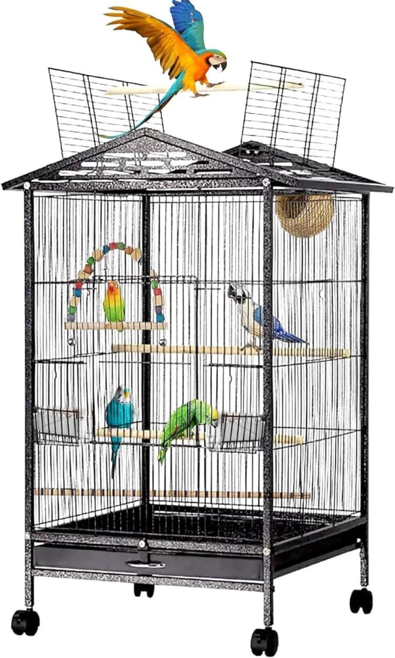 HopHop Large Metal Bird Flight Cage: Spacious Parrot Cage with Removable Tray - Multifunctional Aviary with wheels for Convenient Bird Care & Breeding
