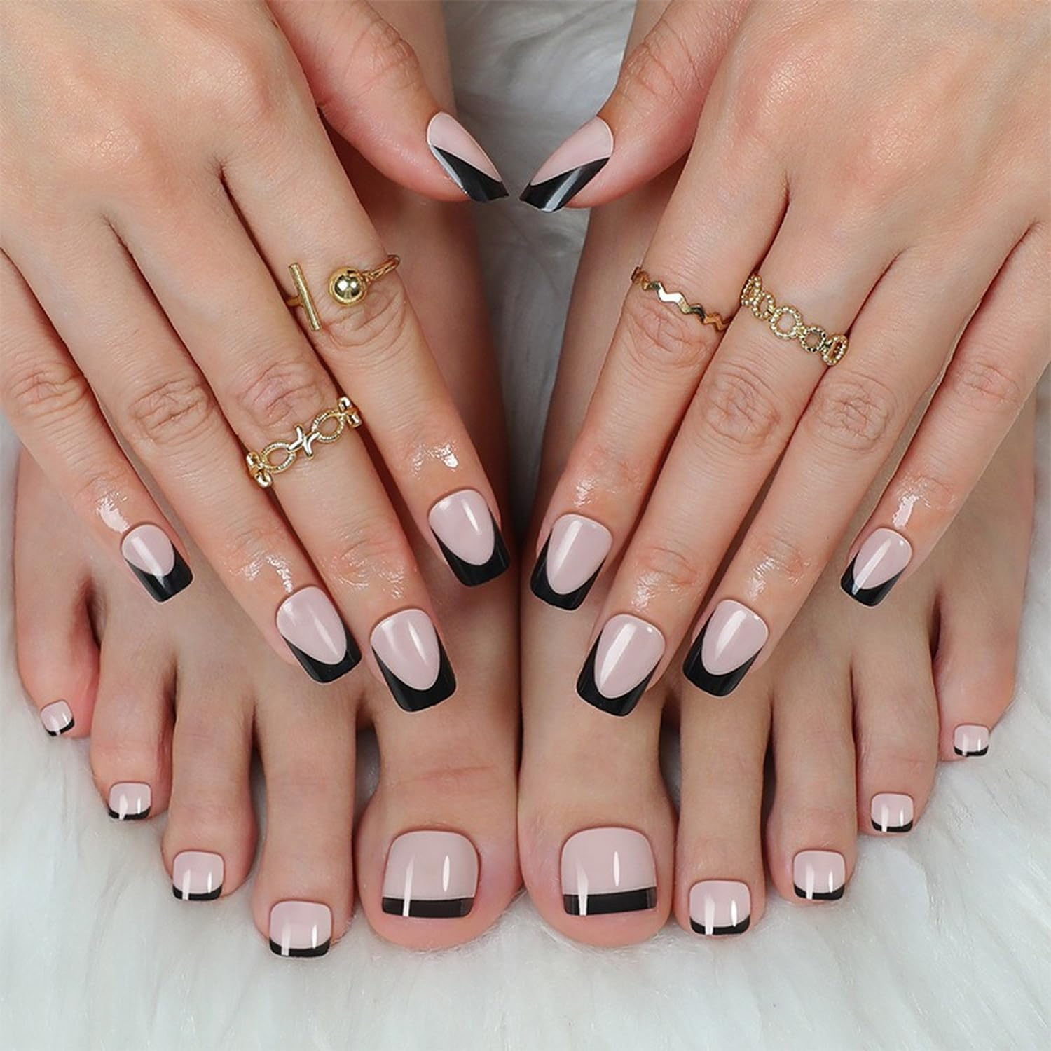 48 Pcs Black French Tip Press on Nails Short Square Press on Toenails Glossy False Nails with Solid Color Designs Acrylic Full Cover Fake Toe Nail