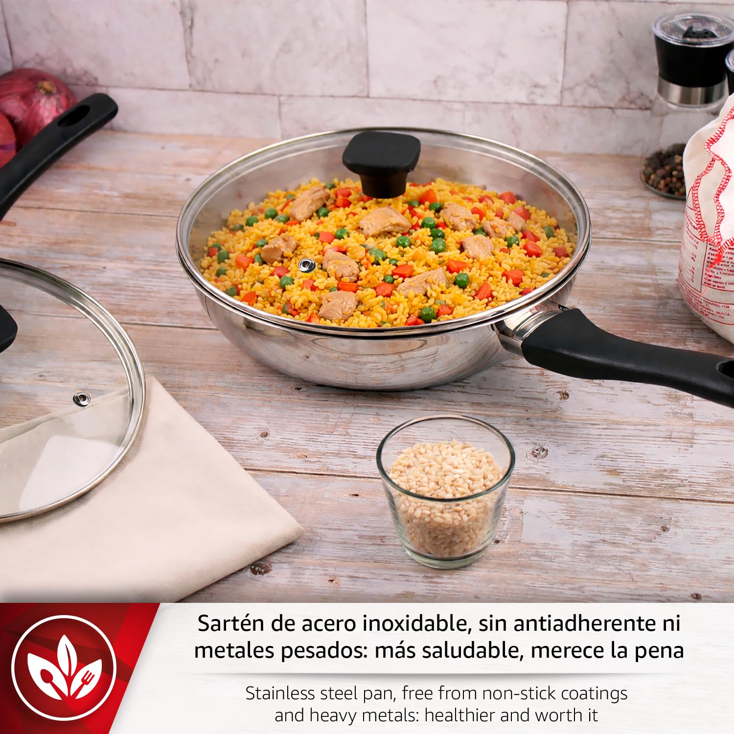 Magefesa Sante - Juego de Sartenes 20 + 26 cm + 2 Tapas de Cristal Termo Resistente, Acero Inoxidable, Sin Antiadherente, Compatible con Inducción — view 3