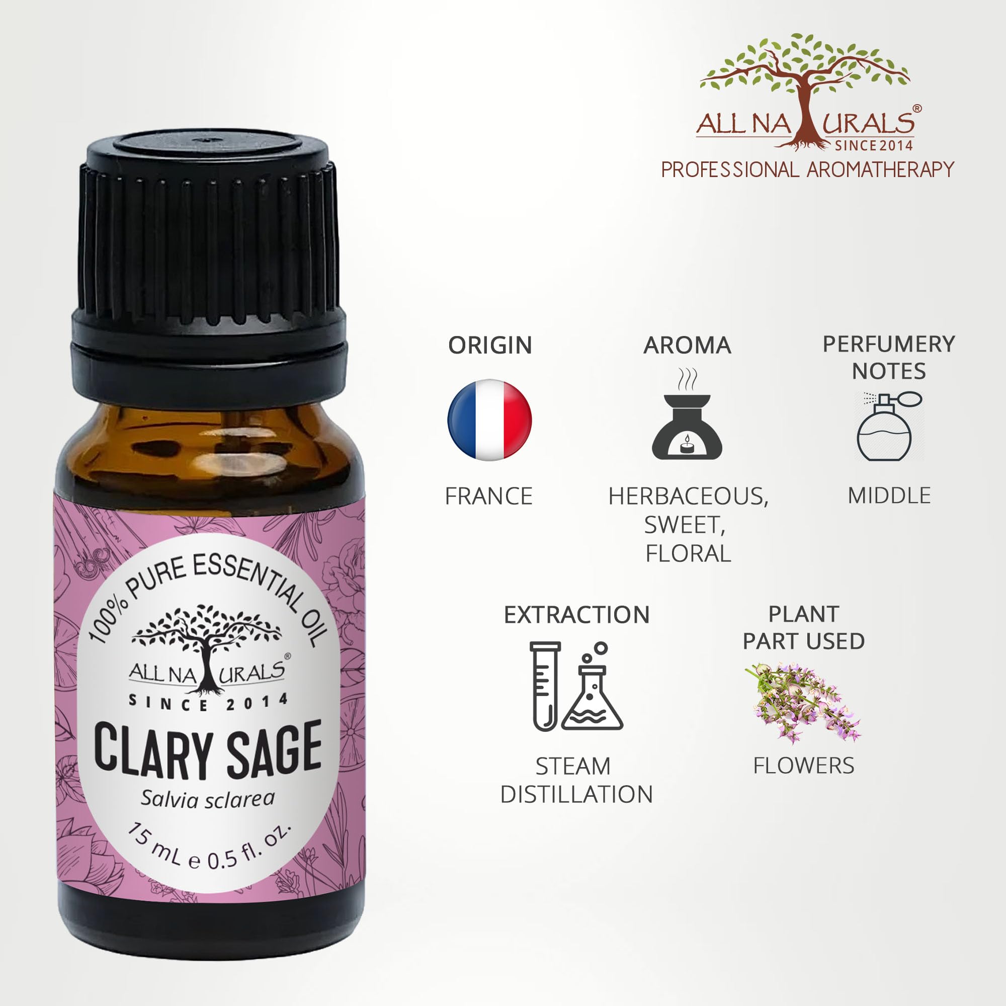 All Naturals - Clary Sage Essential Oil (15ml) | Aromatherapy, Skin & Hair Health | No Preservatives or Additives | Home Fragrance for Women & Men