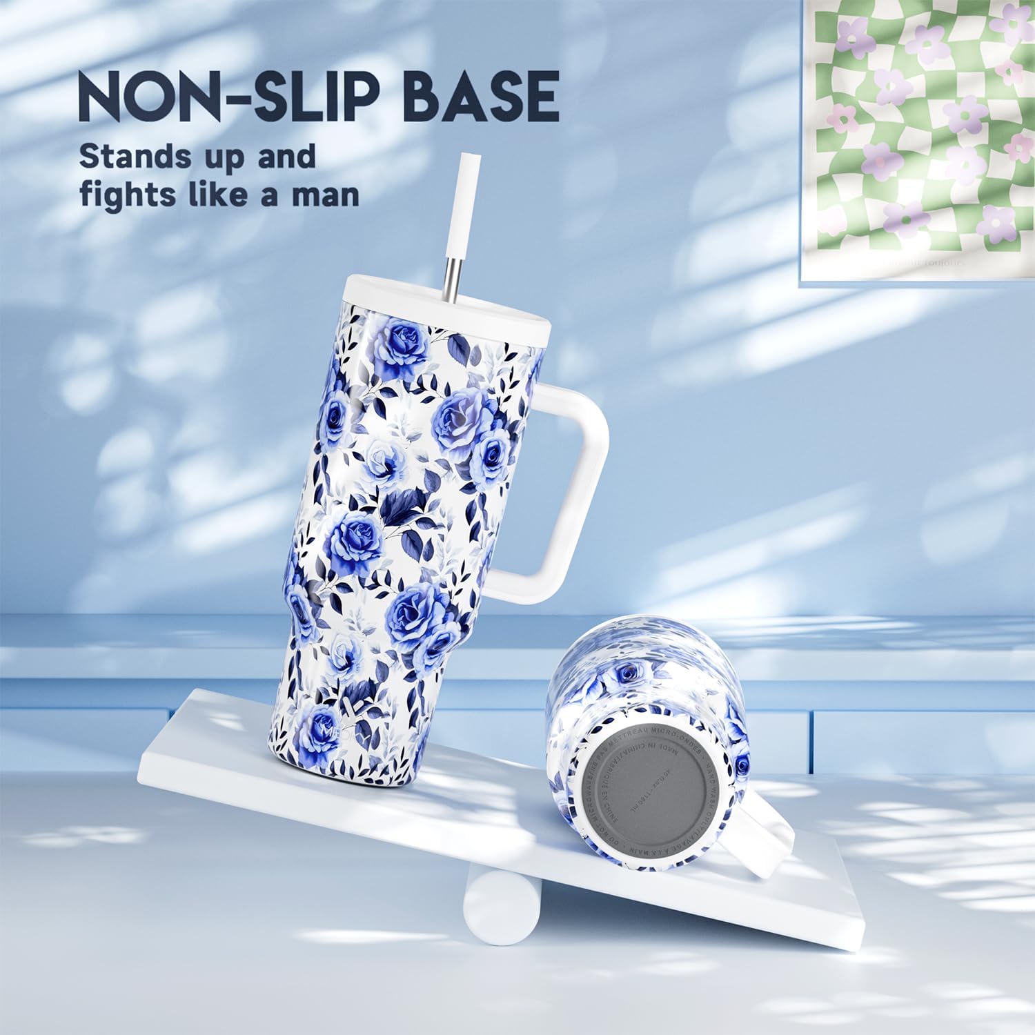 Meoky 40 oz Tumbler with Handle and Straw: Stainless Steel Insulated Tumbler with Lid and Straw - 100% Leak Proof Tumbler for Car Cup Holders - Travelers Commuters Workers, Blue Rose - Image 4