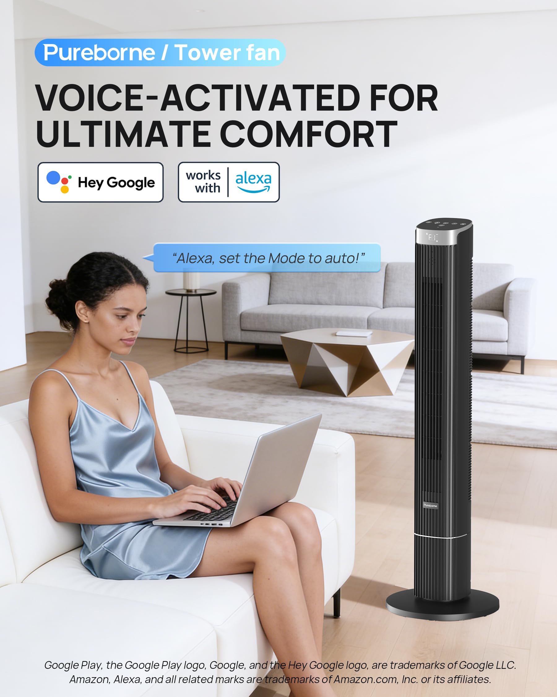 Leiser Ventilator, 25dB Smart Turmventilator, 90° Oszillation Tower Fan, 4 Stufen, 12H Timer Turmventilatoren für Schlafzimmer, 109cm, Schwarz, 1 Pack+ 4 Modi