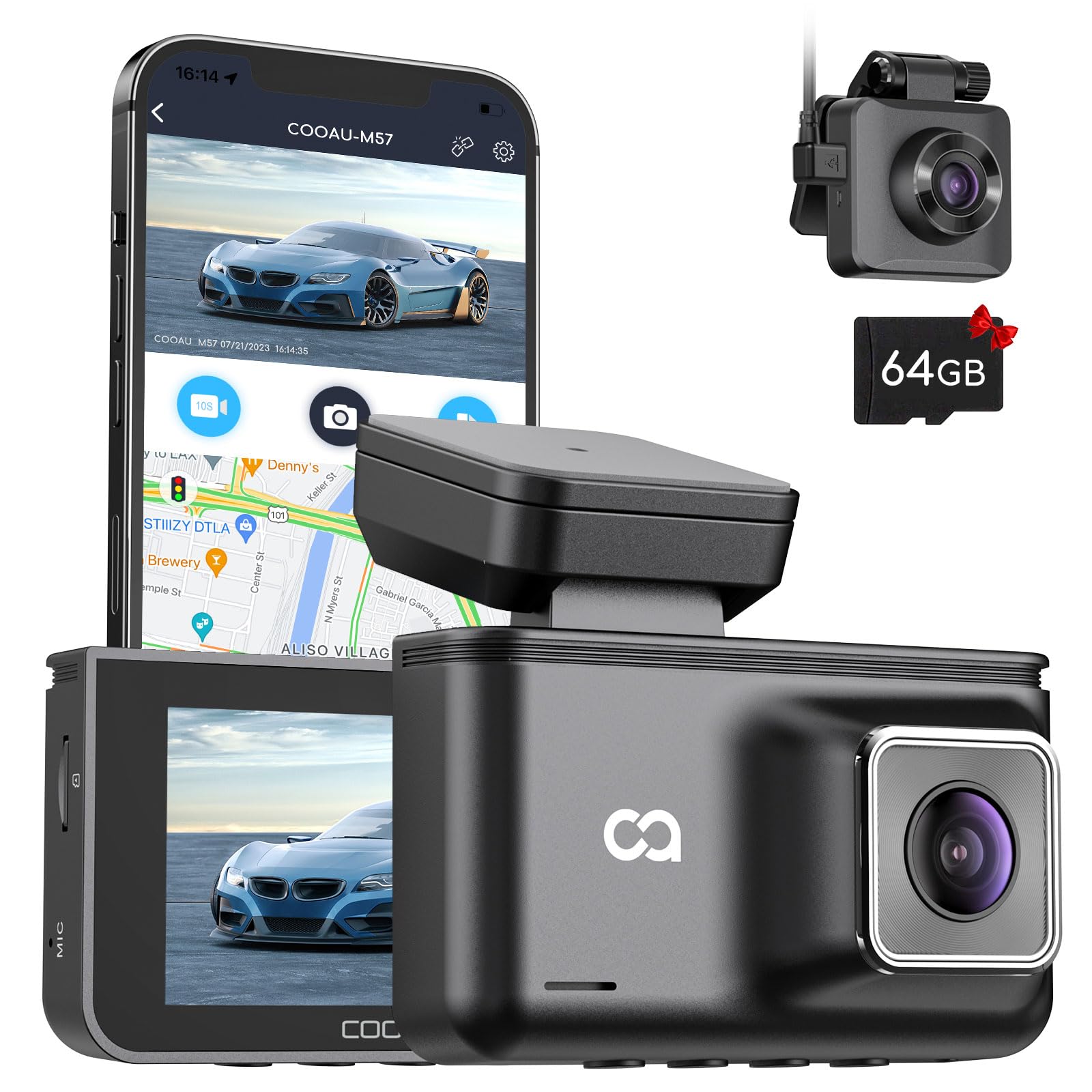Dash Cam Front and Rear Camera - COOAU Car Camera with GPS WiFi & 64GB Card - 3" IPS Screen Dashcam with WDR G-Sensor | 24H Parking Mode Night Vision Loop Recording