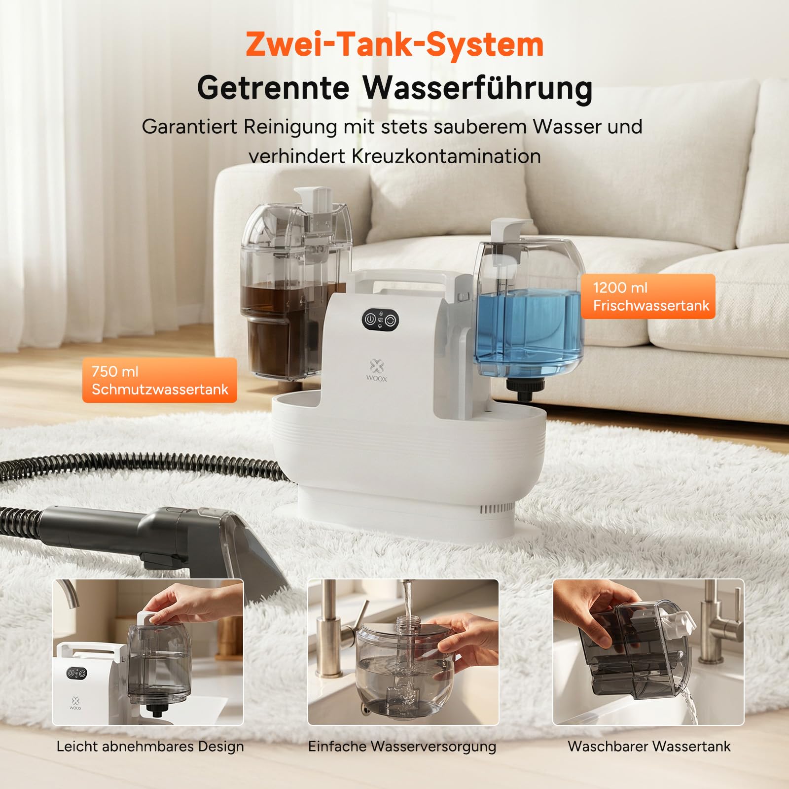 WOOX Nasssauger Polsterreiniger Gerät mit Dampf & Heizfunktion, 15Kpa Hochleistungs-Teppichreinigungsgerät mit Zubehör 2 in 1 Polster-Dampfreiniger für Haustiere, Autos, Flecken, Haushalt