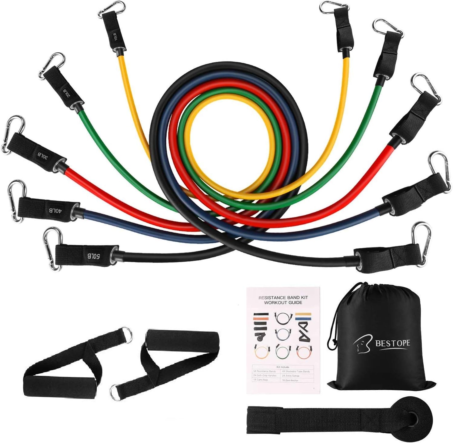BESTOPE 14 Pcs Resistance Bands Set Exercise Bands, 5 Fitness Stackable Workout Tubes Up to 100 lbs