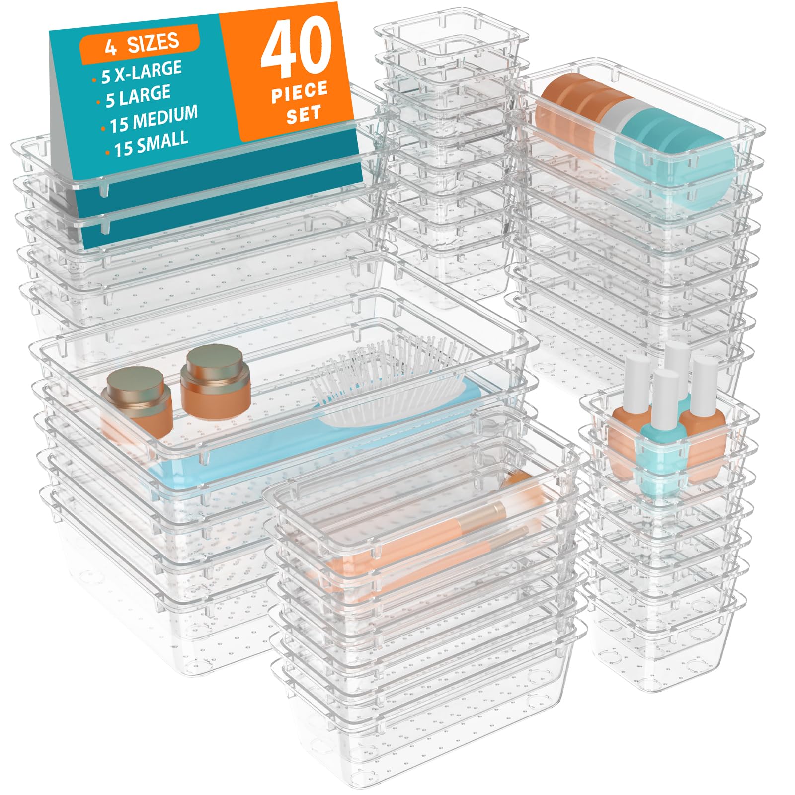 WOWBOX 40 PCS Clear Plastic Drawer Organizer Set, 4 Sizes Desk Drawer Organization and Storage Containers for Makeup, Cosmetics, Jewelry and Gadgets