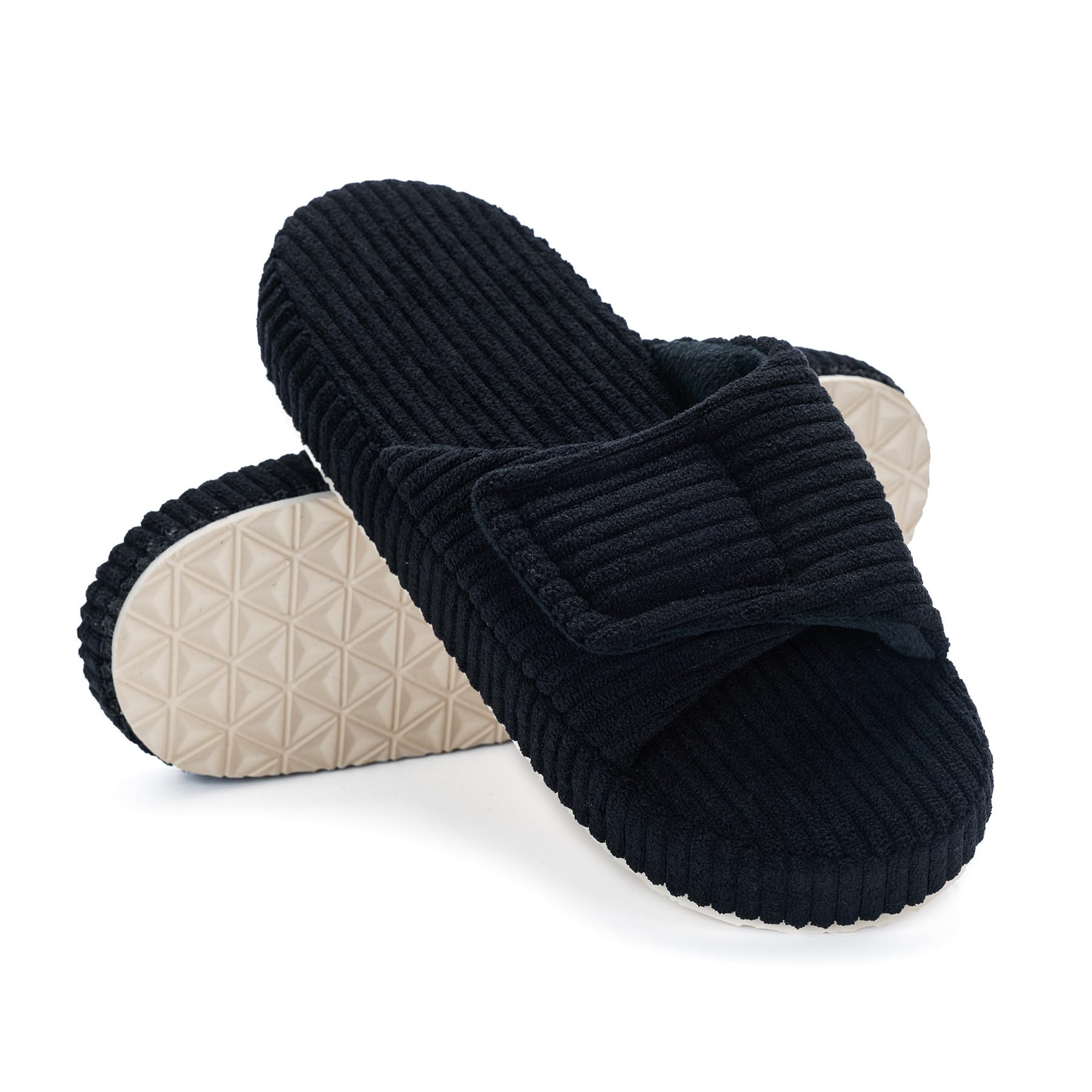 - Women's Adjustable Corduroy Slippers - Memory Foam Open-Toe House Shoes - Supportive Non-Slip Footwear for Bedroom, Travel