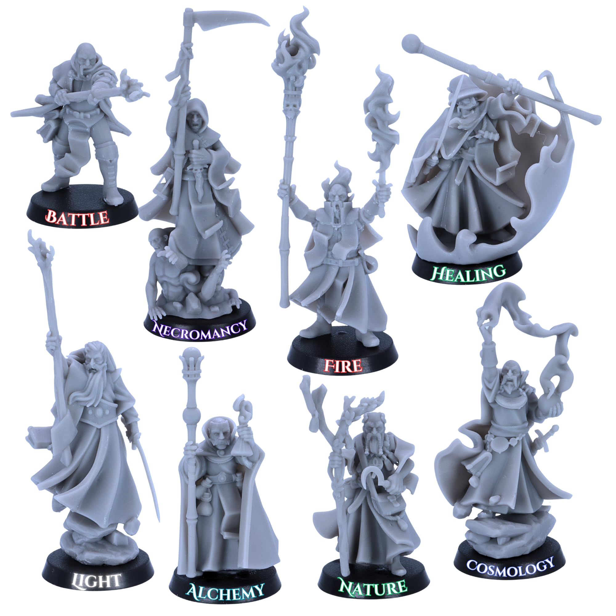 Battle Wizards and Mages Miniature Set  8 Fantasy Wizard Models or Singles | 32mm Scale | Magic Casters for RPG & Tabletop | Unpainted Resin by Highlands Miniatures | 25mm Bases (All Eight Mages)