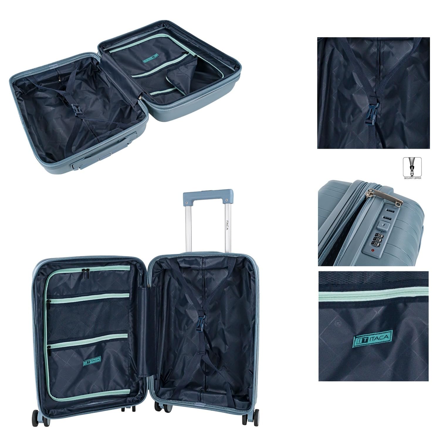 ITACA - Trolley Bagaglio A Mano 55x40x20 leggero rigido con ruote girevoli ideale per viaggi in cabina Valigia Bagaglio A Mano compatibile Ryanair. Lucchetto a Combinazione. Estensibile, Cowboy blu
