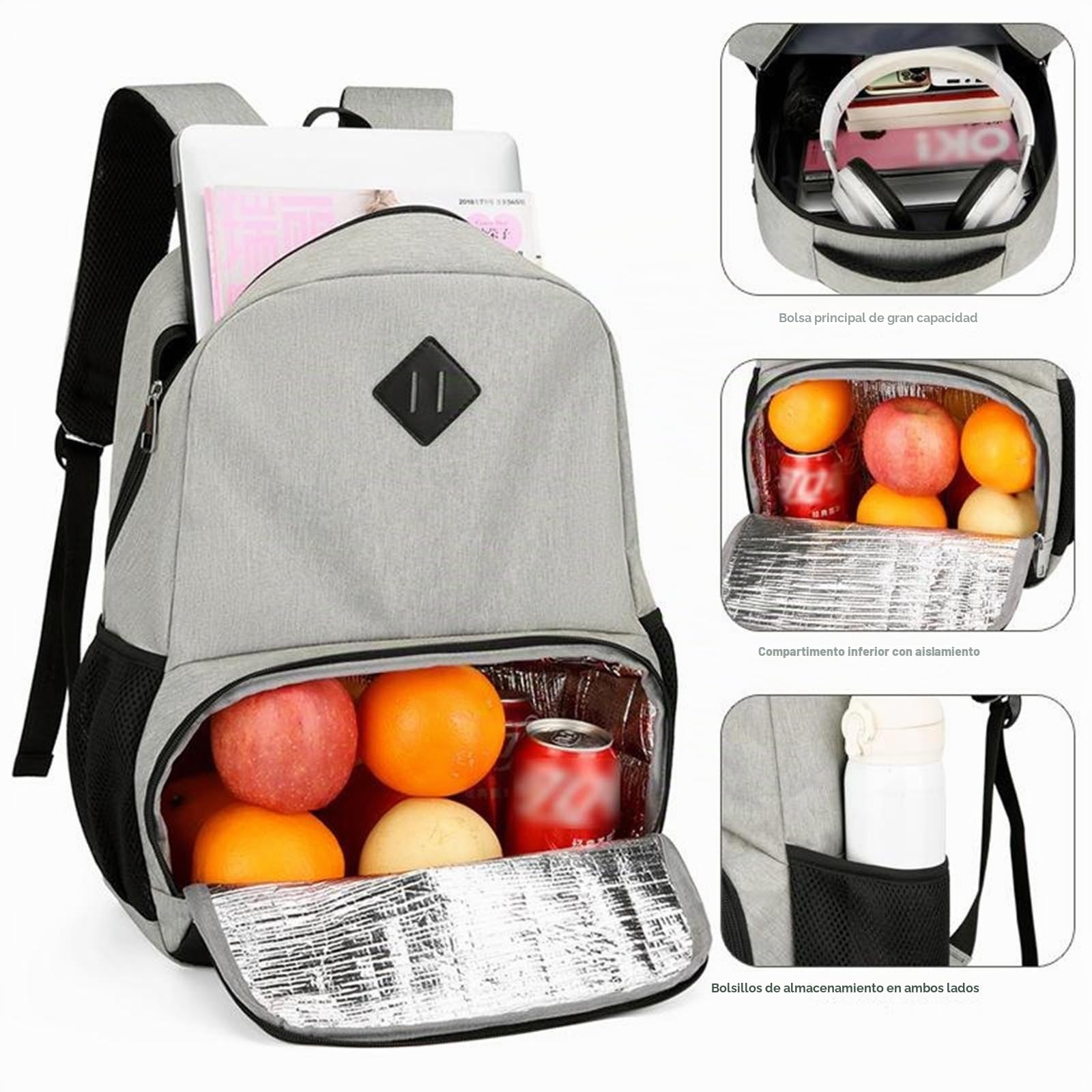 Bolsa de Almuerzo Mochila de Preparación de Comidas para Hombres y Mujeres, con Refrigerador, Puerto USB y Bolsa Térmica