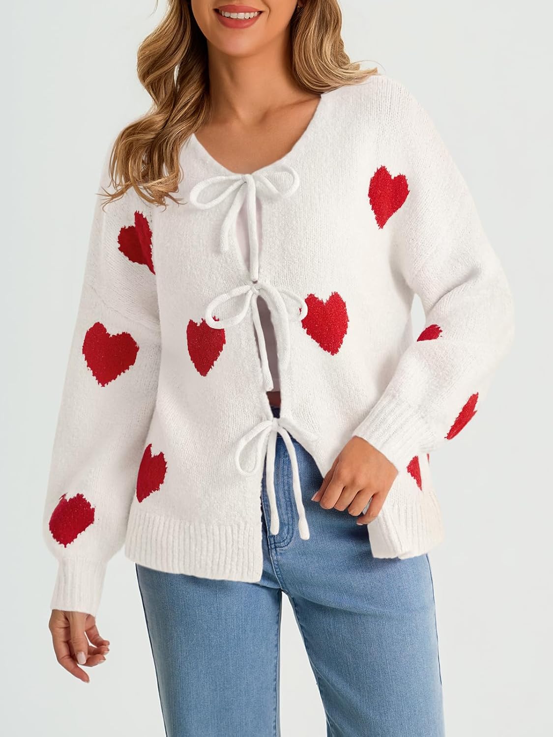 Saodimallsu Womens Tie Front Cardigan Sweaters Cute Bow Puff Long Sleeve 2025 Fall Loose Ribbed Knit Trendy Sweater Tops - Image 2