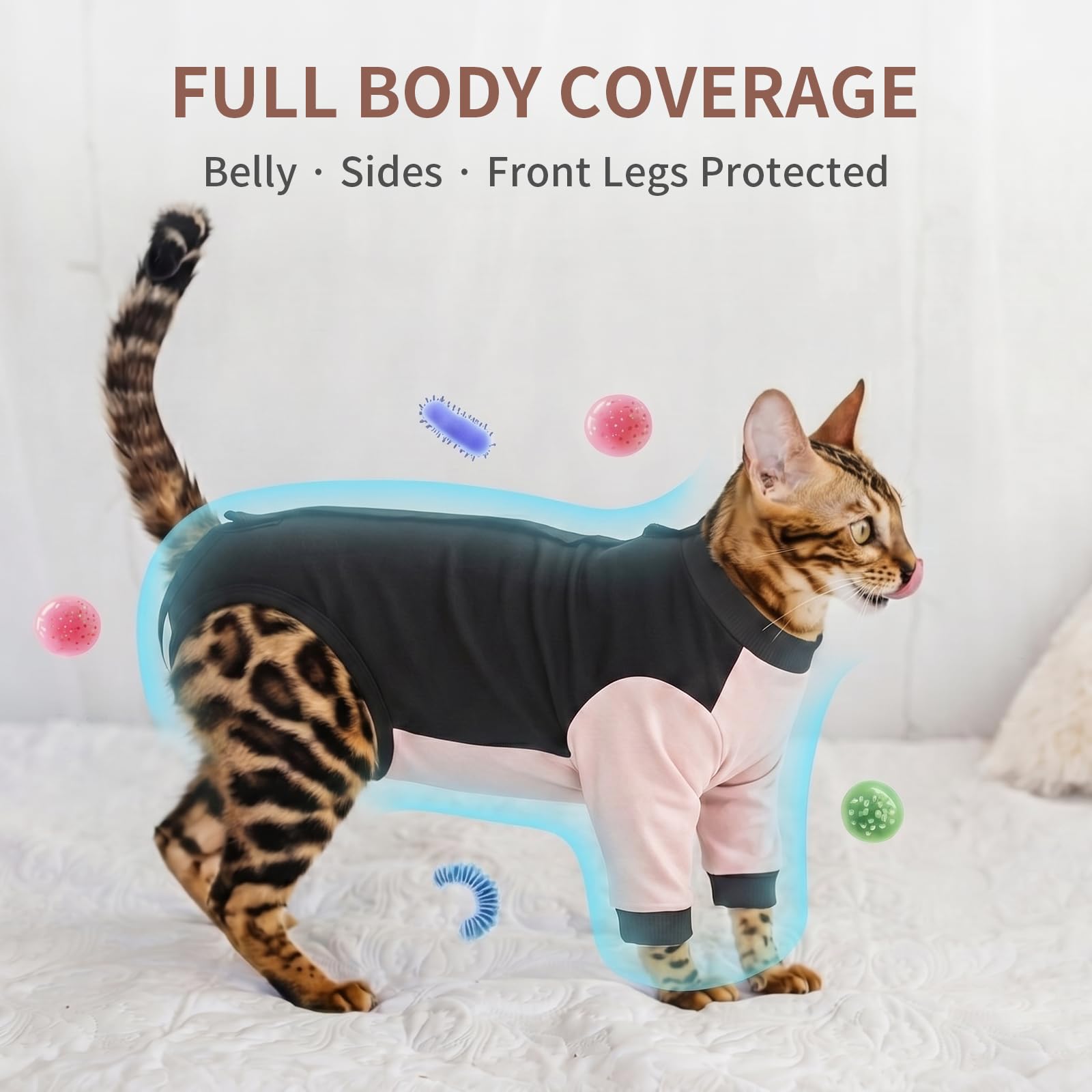 Combinaison Chat après Chirurgie Coton, Body Chat Anti Léchage Doux et Élastique, Vêtement de Protection Plaies Abdominales avec Manches Longues, Fermeture Scratch Facile à Enfiler, Rose poudré XL