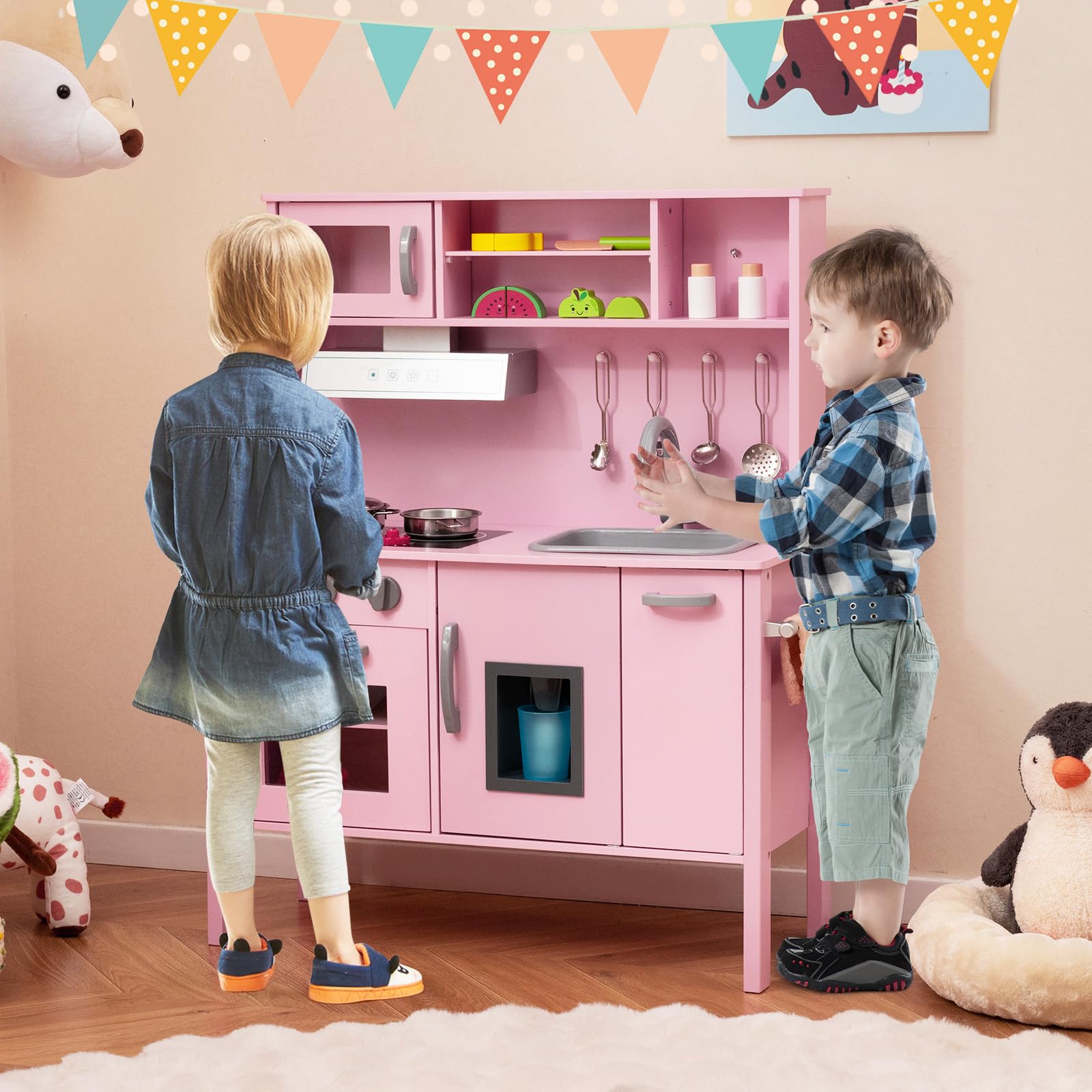 HOMASIS Cucina Giocattolo per Bambini, Cucina in Legno con Lavello, Fornello, Forno, Microonde, Macchina per il Gelato, 18 Accessori, Cucinetta per Bambini dai 3+ Anni (Rosa)