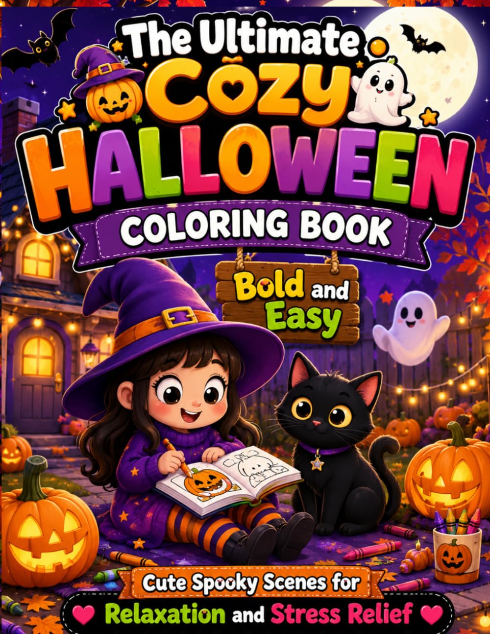 The Ultimate Cozy Halloween Coloring Book Bold and Easy Cute Spooky Scenes for Relaxation and Stress Relief