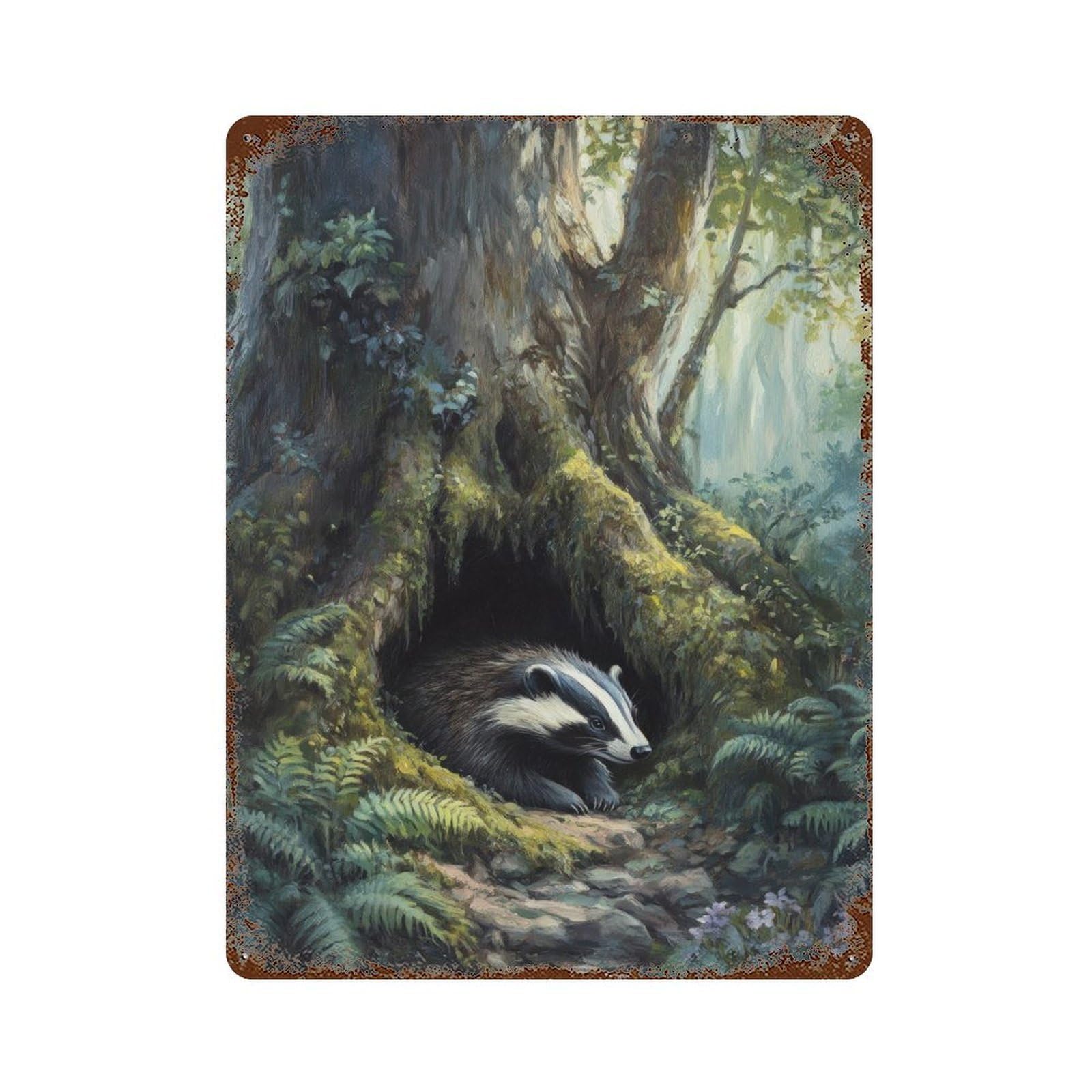 Badger Cottagecore Dark Academia Decor Antique Animal Illustration Woodland Rustic Vintage Wall Decor Art Metal Tin Poster Modern Home Decor Art Home Bar Shop Decorations Vintage Sign 40x30cm