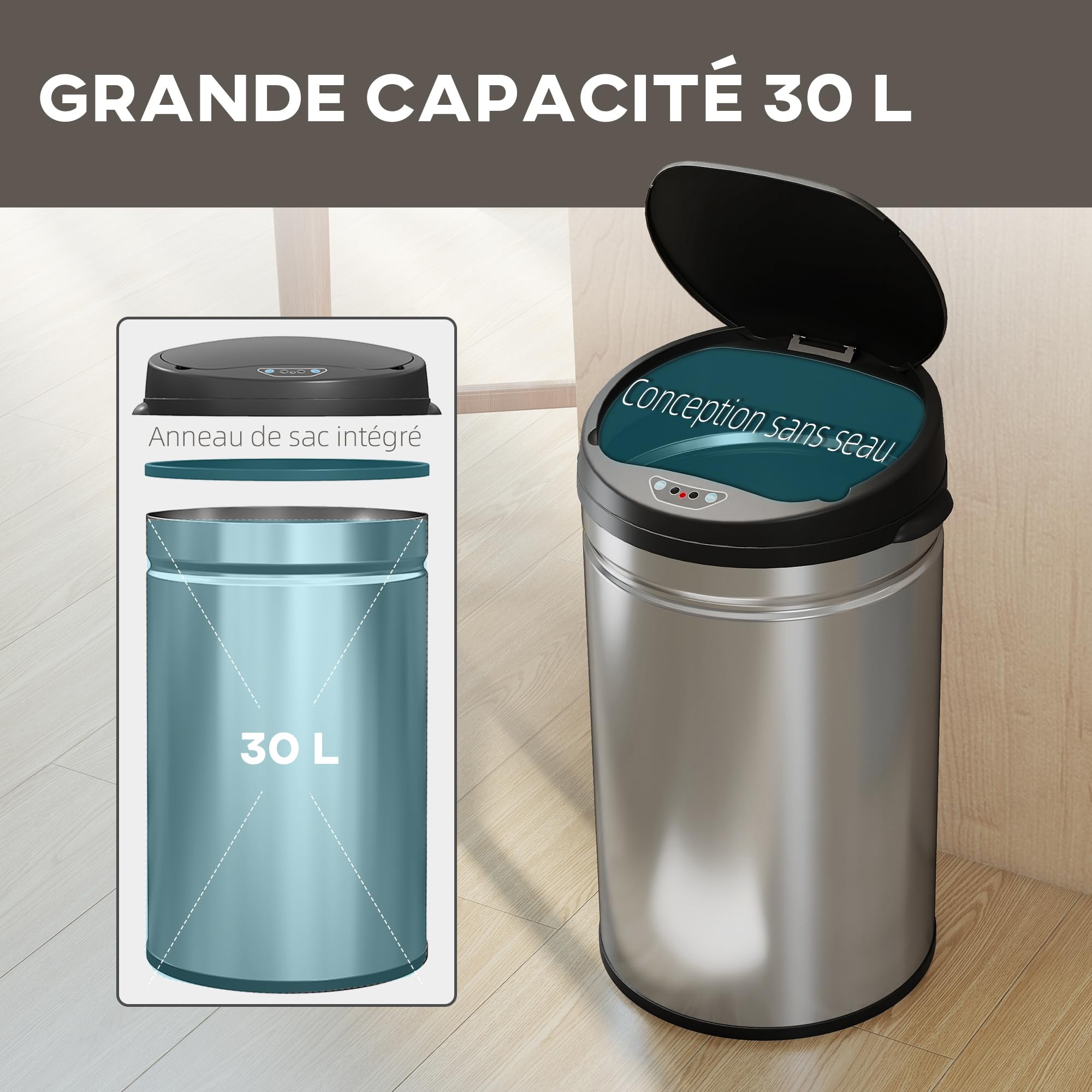 HOMCOM Poubelle de cuisine automatique 30L en acier inoxydable, couvercle à fermeture en douceur, poubelle à capteur de mouvement sans contact, résistant aux empreintes digitales, argent