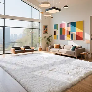 Fluffy Rug Shaggy Area Rug, White 8x10 Area Rugs for Living Room, Large Shag Area Rugs for Bedroom Kids Room Home Decor, Upgrade Anti-Skid Rectangular Fuzzy Rugs