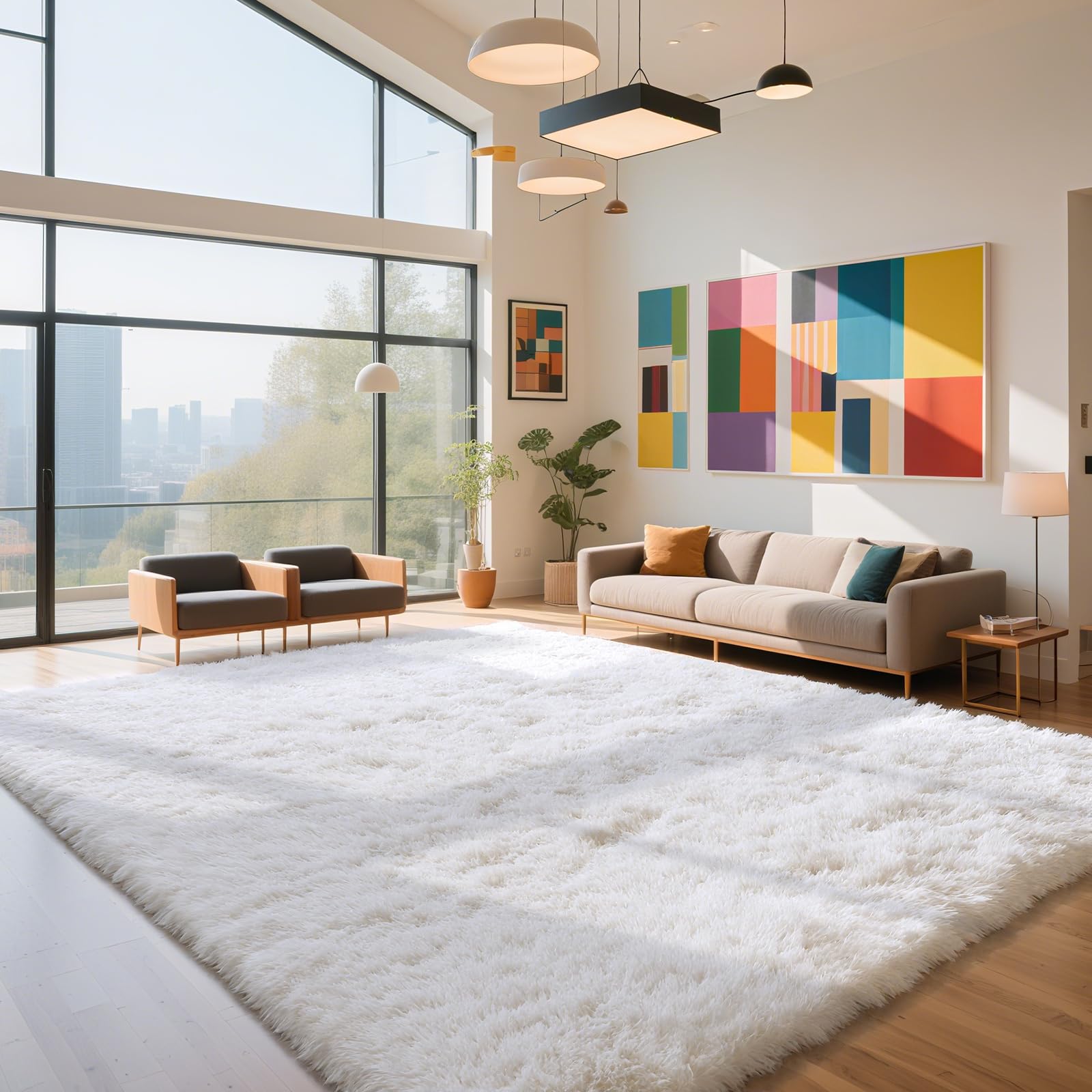 Fluffy Rug Shaggy Area Rug, White 9x12 Area Rugs for Living Room, Large Shag Area Rugs for Bedroom Kids Room Home Decor, Upgrade Anti-Skid Rectangular Fuzzy Rugs