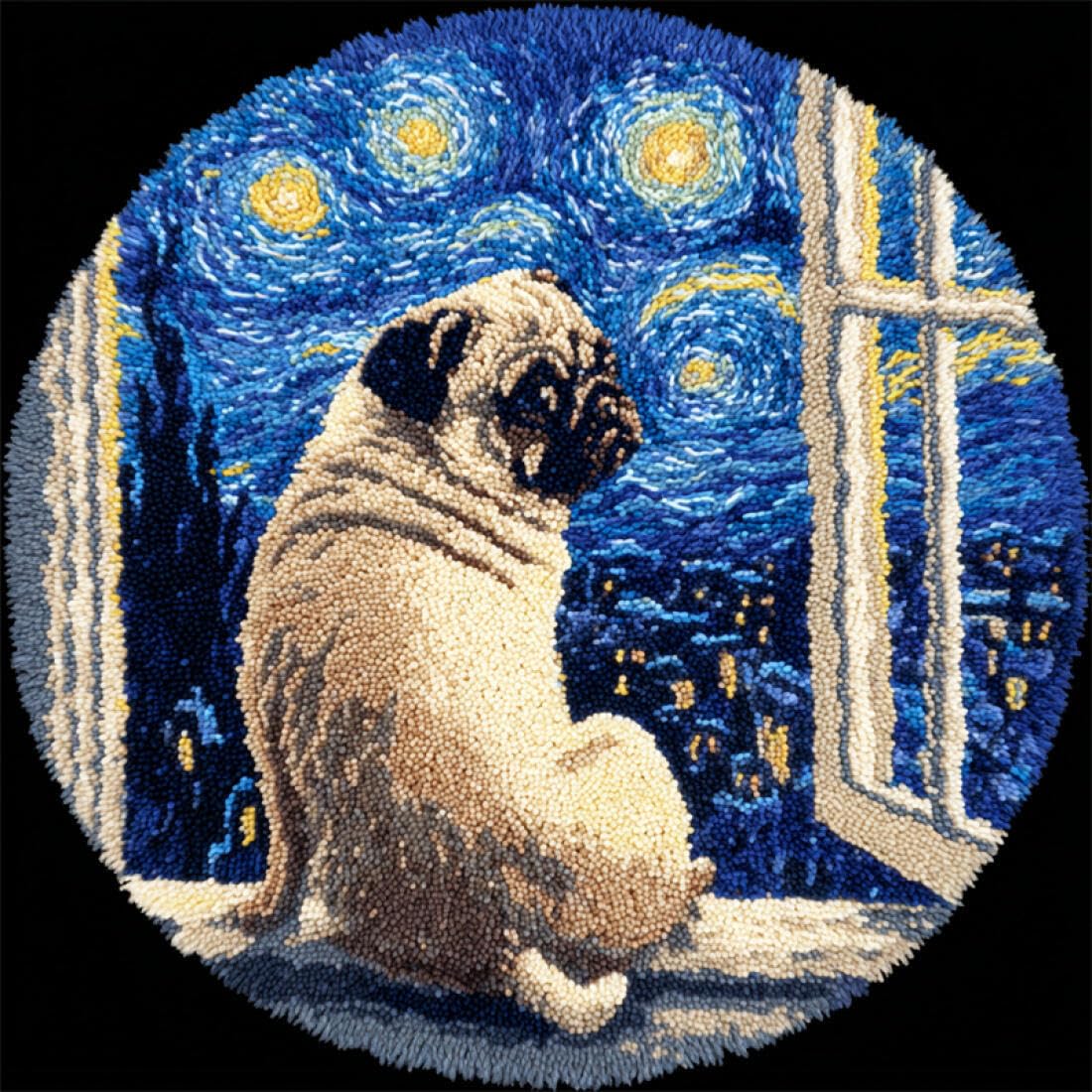 Rqwybcaxn DIY Latch Hook Rug Kit for Adults Animal Embroidery Kit Pugs and the Starry Sky 50x50cm Round Tapestry with Crochet Hook Living Room Craft Gift