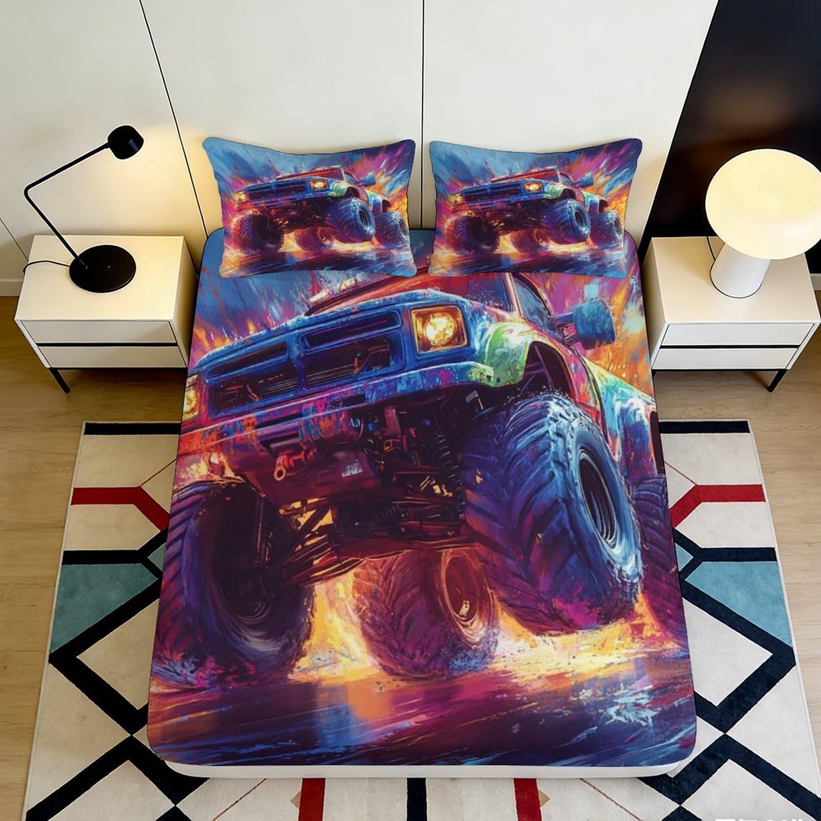 3D Printed Monster Truck Fitted Sheet Microfiber Soft Vibrant Flames Bed Cover for Bedroom Dorm Mattress Decor 90x200x25cm