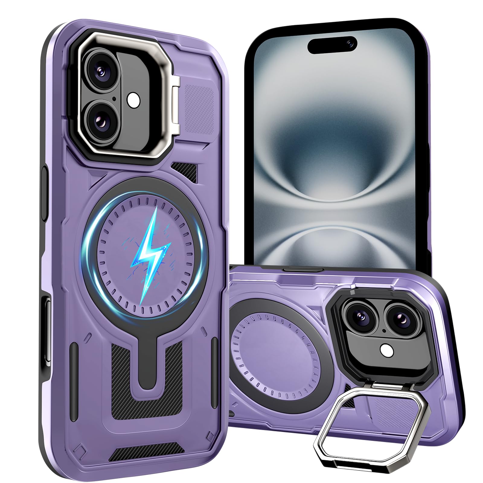 DIFAYA for iPhone 16 Case Compatible with MagSafe, Built-in Camera Ring Stand, 23 FT Military-Grade Drop Protection Magnetic Cover for iPhone 16 6.1''