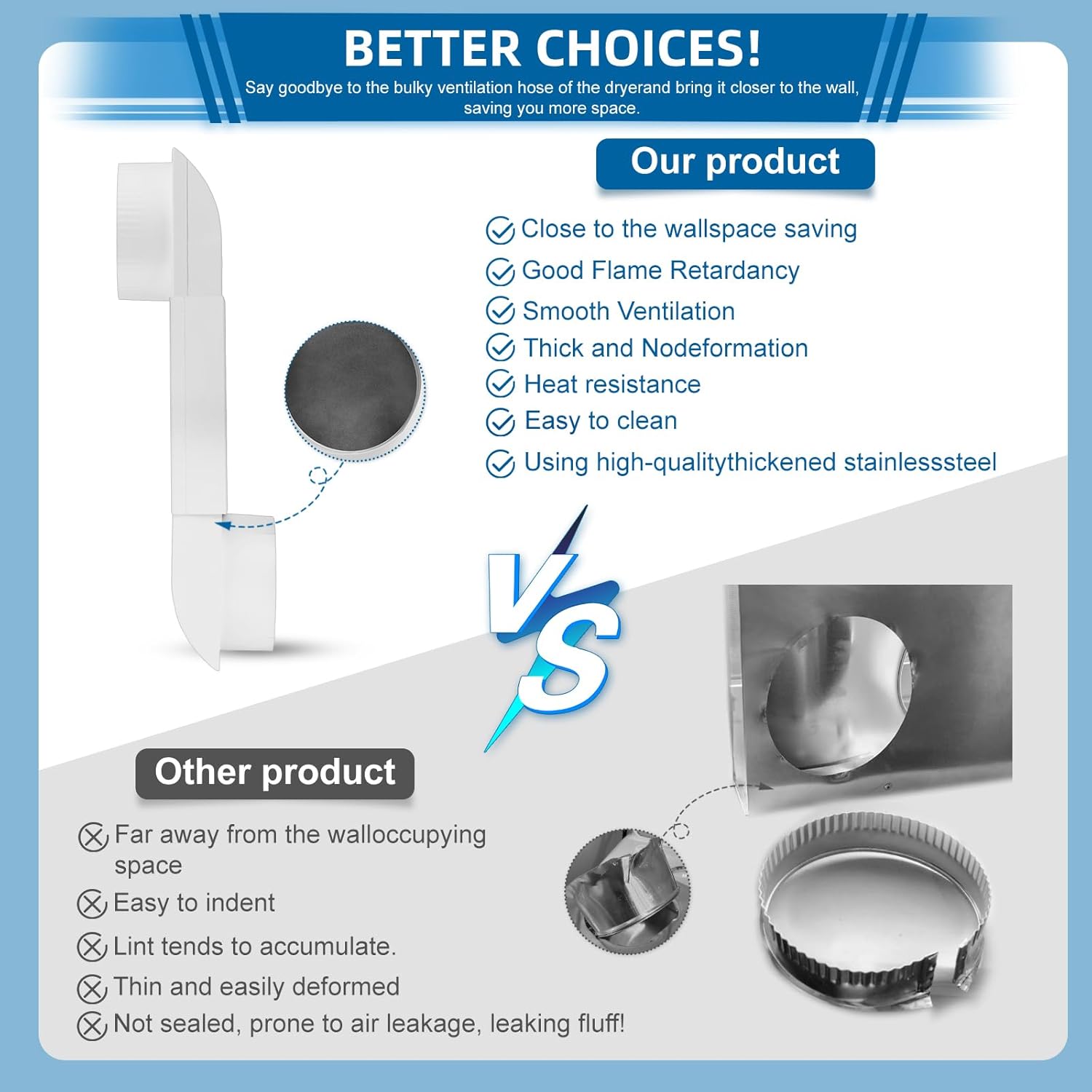 Periscope Dryer Vent, Adjustable 6.5" to 12" Two Fixed Sizes, Stainless Steel Flat Slim Duct with White Coating, Vent Kit for Tight Space, Includes 4" Adapter&Foil Tape 2 adjustable fixing clamps