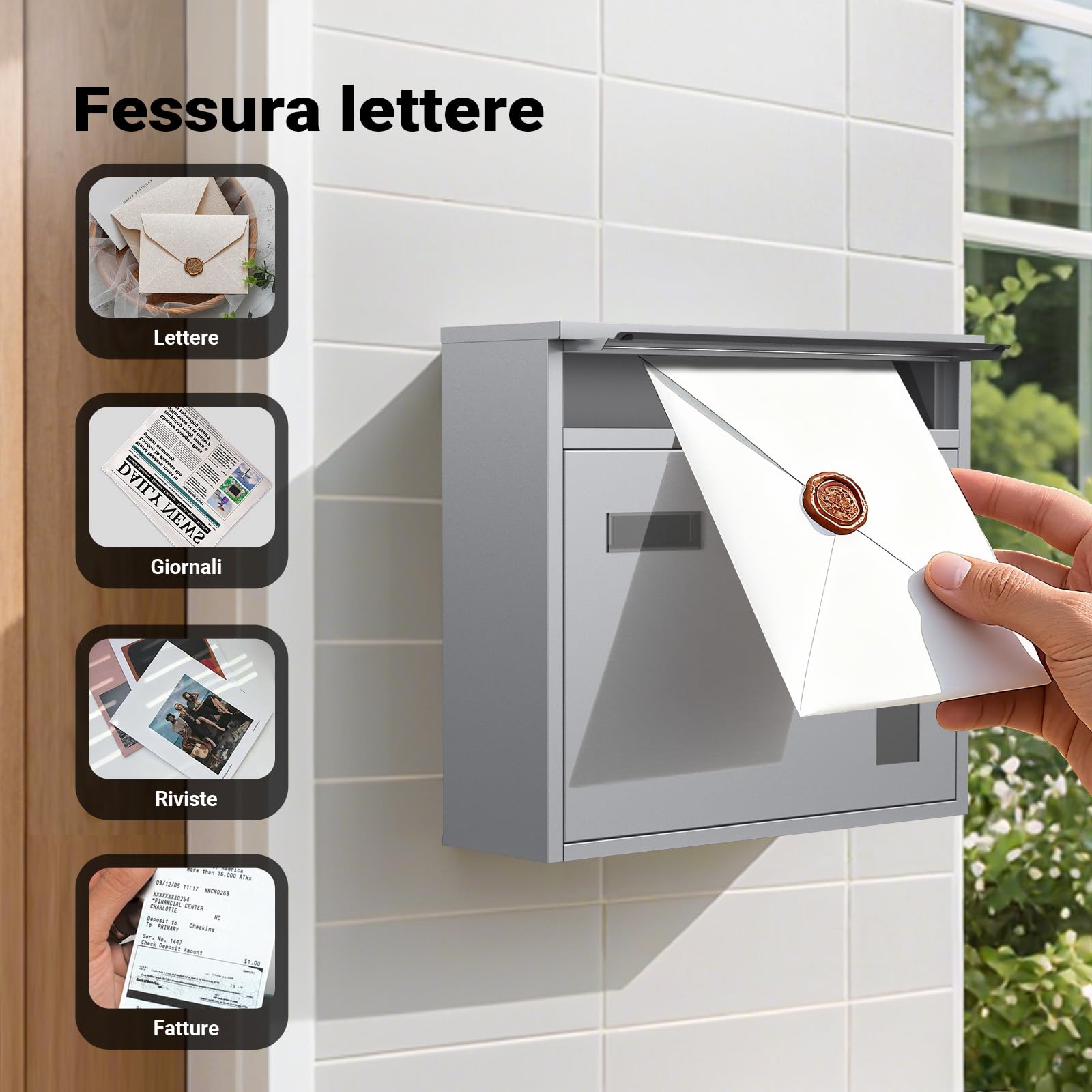 Wiltec Cassetta postale singola V12 in acciaio verniciato a polvere grigio con finestrelle e vetrino portanome