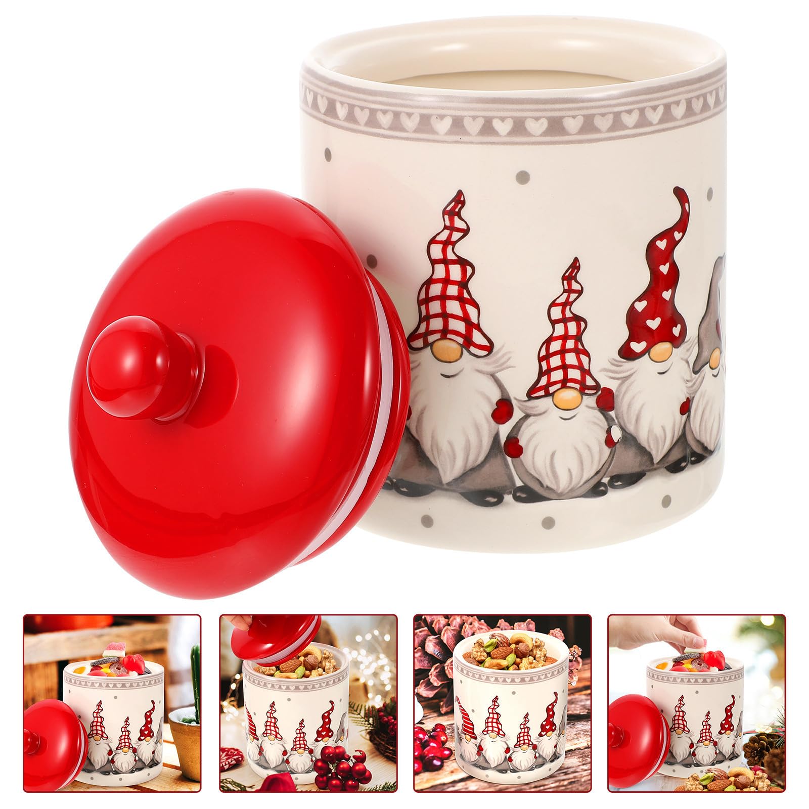 Barattolo di Ceramica Rotondo con Coperchio per Conservazione Alimenti, Contenitore Natalizio Multipurpose con Buona Tenuta, per Riso e Frutta Secca