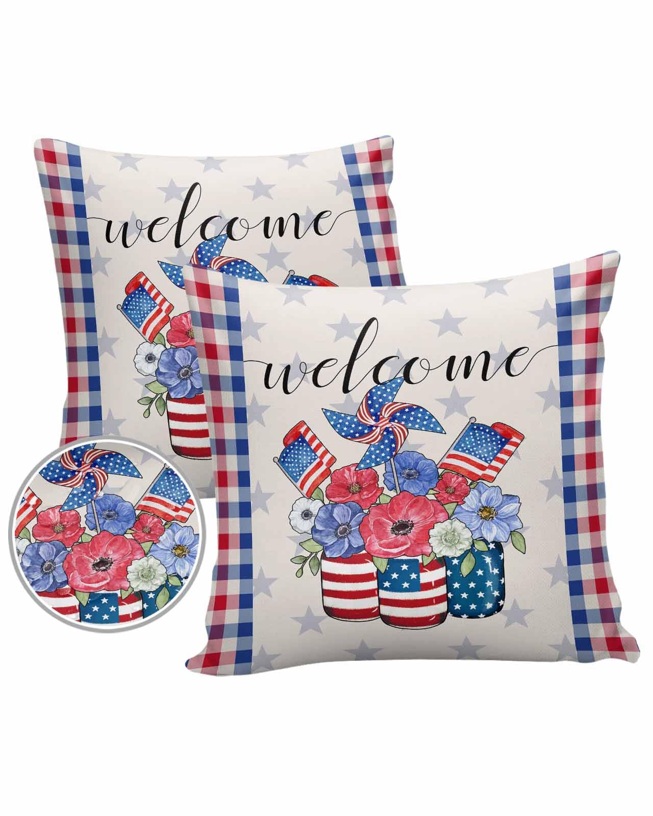 Outdoor Pillow Covers 24 x 24 in, 4th of July Waterproof Throw Pillow Cover Set of 2, Blue Red Floral Plaid Independence Day Welcome Home Decorative Square Cushion Covers for Patio/Couch/Garden