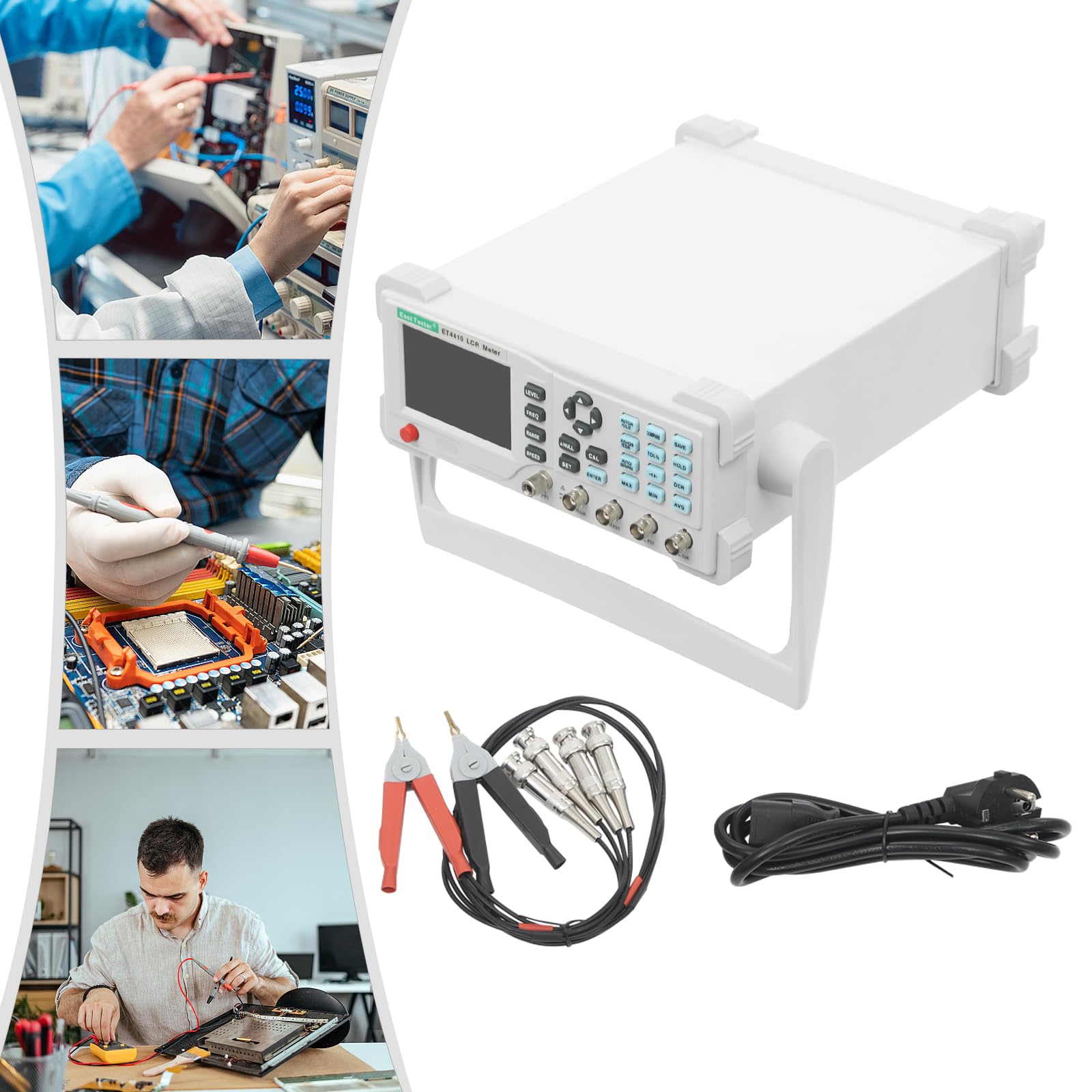 LCR-Messgerät ET4410,Hohe Genauigkeit Tisch-Digital-LCR-Messgerät,LCR-Tester mit Verstellbare Halterung TestklemmenLanges NetzkabelKlares LCD-Display,Hohe Effizienz Professionelle Testausrüstung