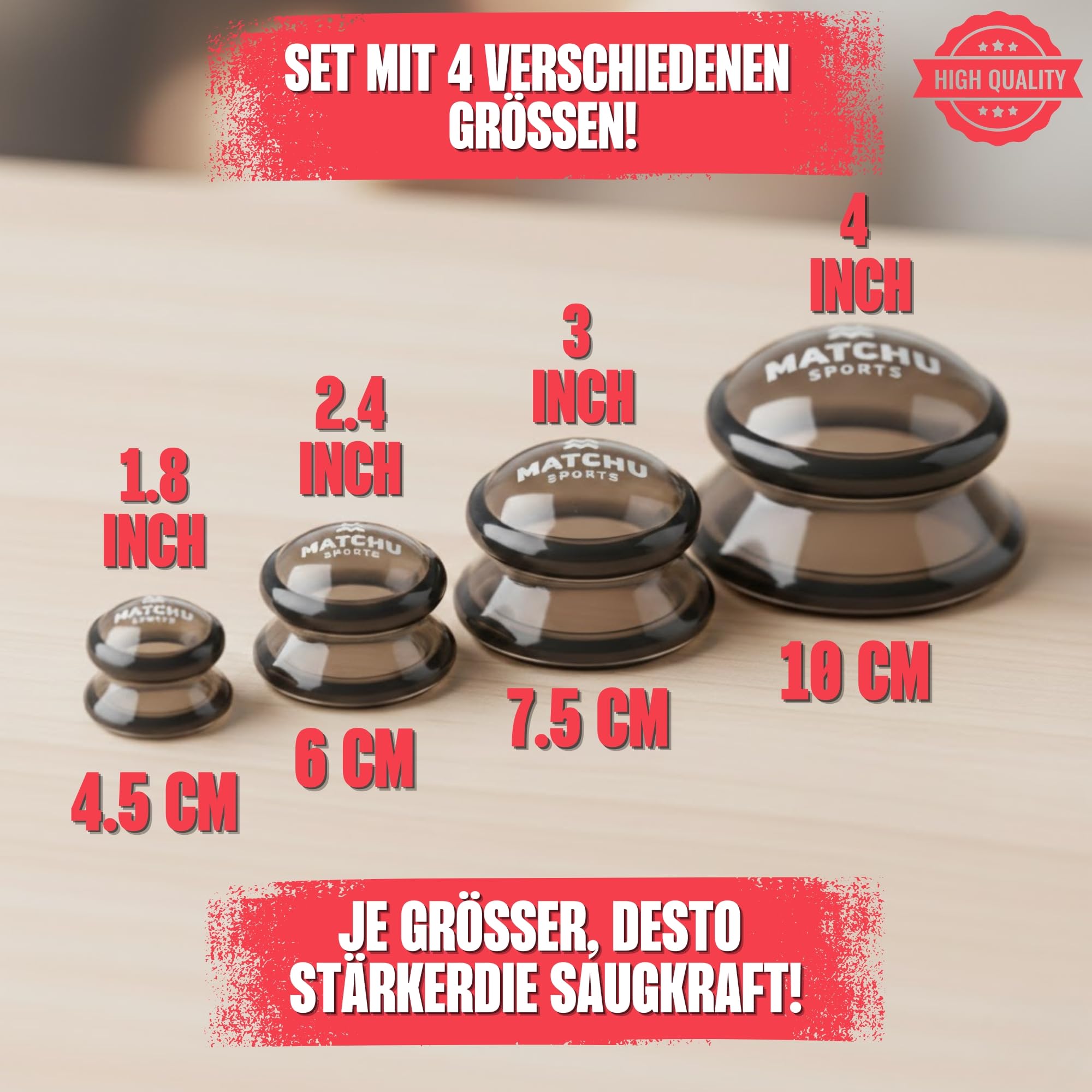 MATCHU – Silikon-Schröpfset 4-teilig – Anti-Cellulite Schröpfgläser für den ganzen Körper – Vakuum-Massage – Langlebig, Leicht zu Reinigen, Anti-Aging – Dunkelgrau