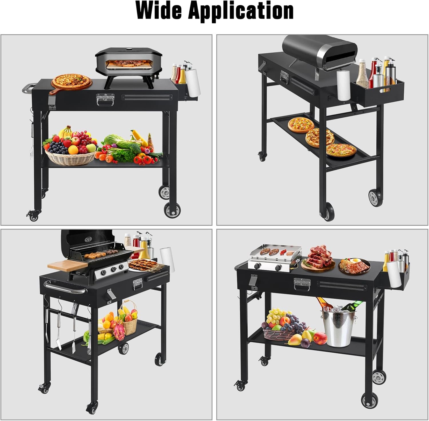 Portable Grill Cart for Blackstone Griddle with Lock, Shelves & Caddy - Fits 17 or 22 Inch Grills, Foldable Outdoor Cooking Stand for Outdoor Tailgate and Camping, Black