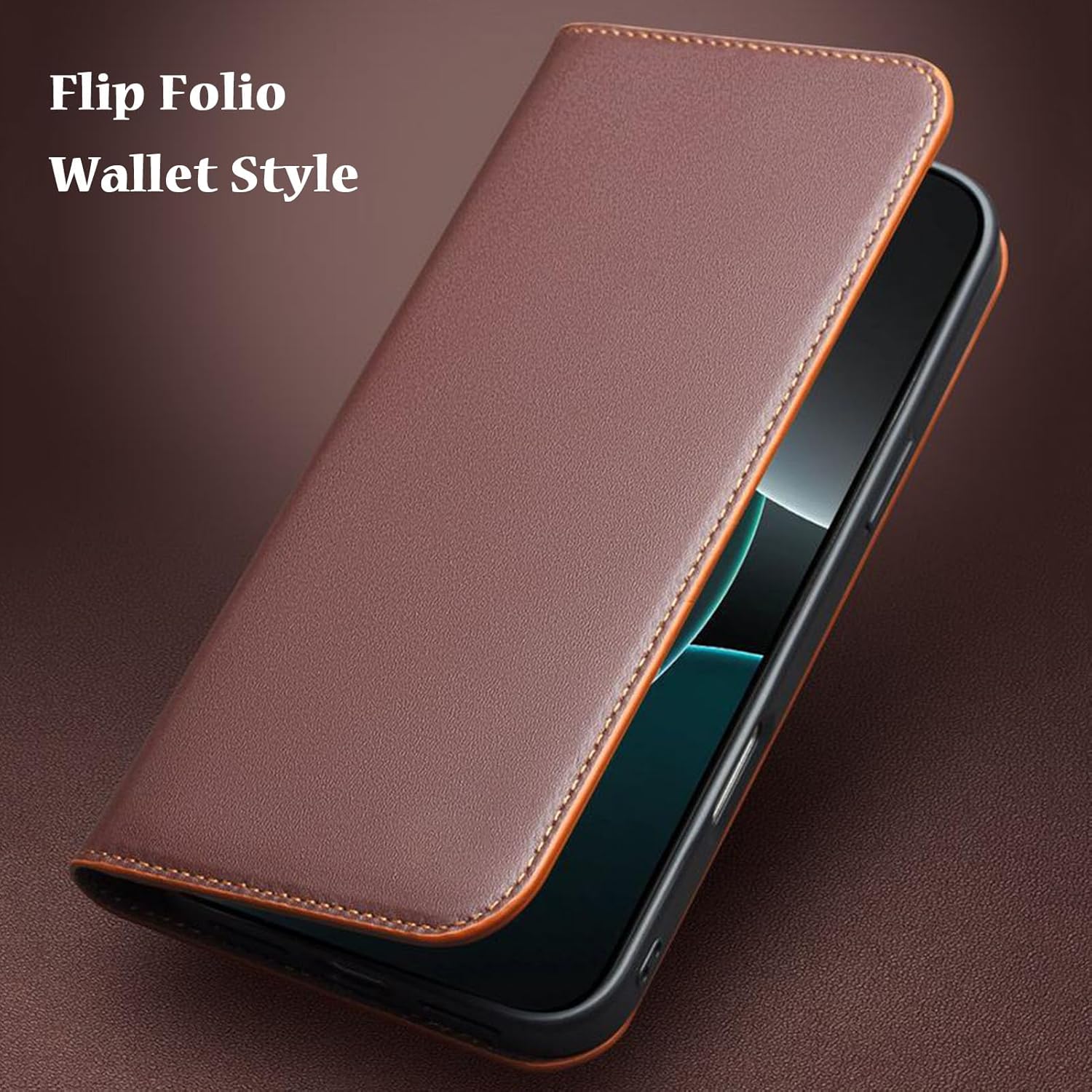 Genuine Leather Case for iPhone 17/17 Air/17 Pro/17 Pro Max, Handmade Wallet Flip Folio Phone Case Camera Protection Business Cover Brown