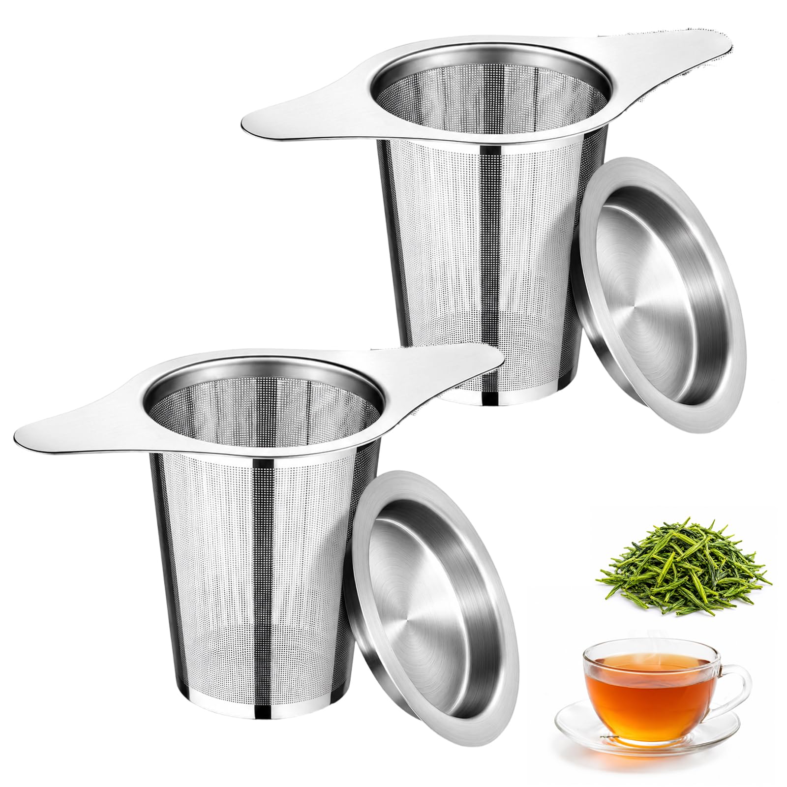 2Pcs Tea Strainers, Stainless Steel Tea Infuser, Loose Leaf Tea Strainer with Lid and Double Handles, Fine Mesh Filter for Teapots, Mugs and Cups, Ideal for Home and Office Use