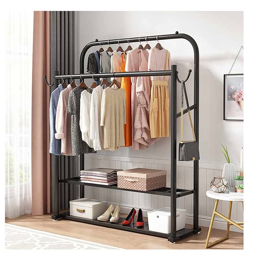 Stand Clothes Rail With Shoe Shelf Garment Rack Double Rails