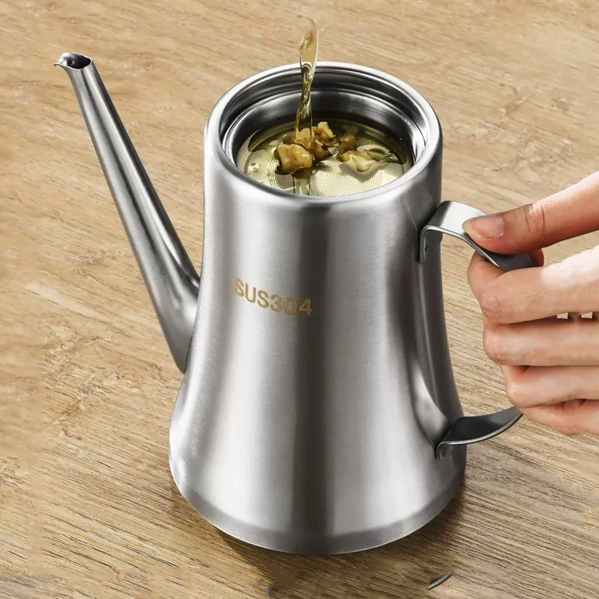 Bottiglia dispenser per olio d'oliva, contenitore per olio da cucina in acciaio inox, senza beccuccio antigoccia e manico, moderna ampolla per aceto con filtro, perfetta per uso in cucina