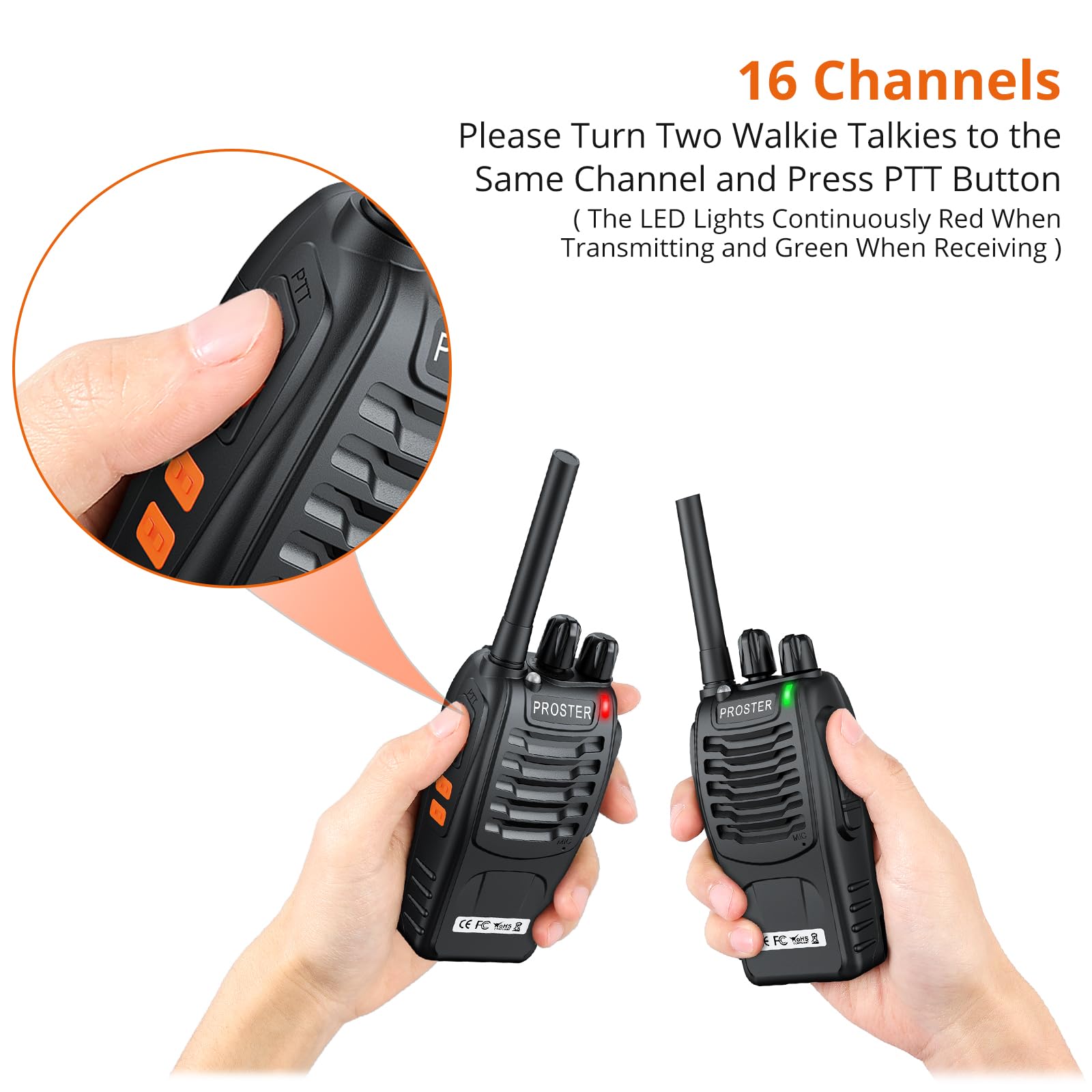 Proster Walkie Talkie 16 kanałów, ładowalne, Walky Talky, z ładowarką USB, słuchawki krótkofalówki z komunikatem głosowym, 1 para