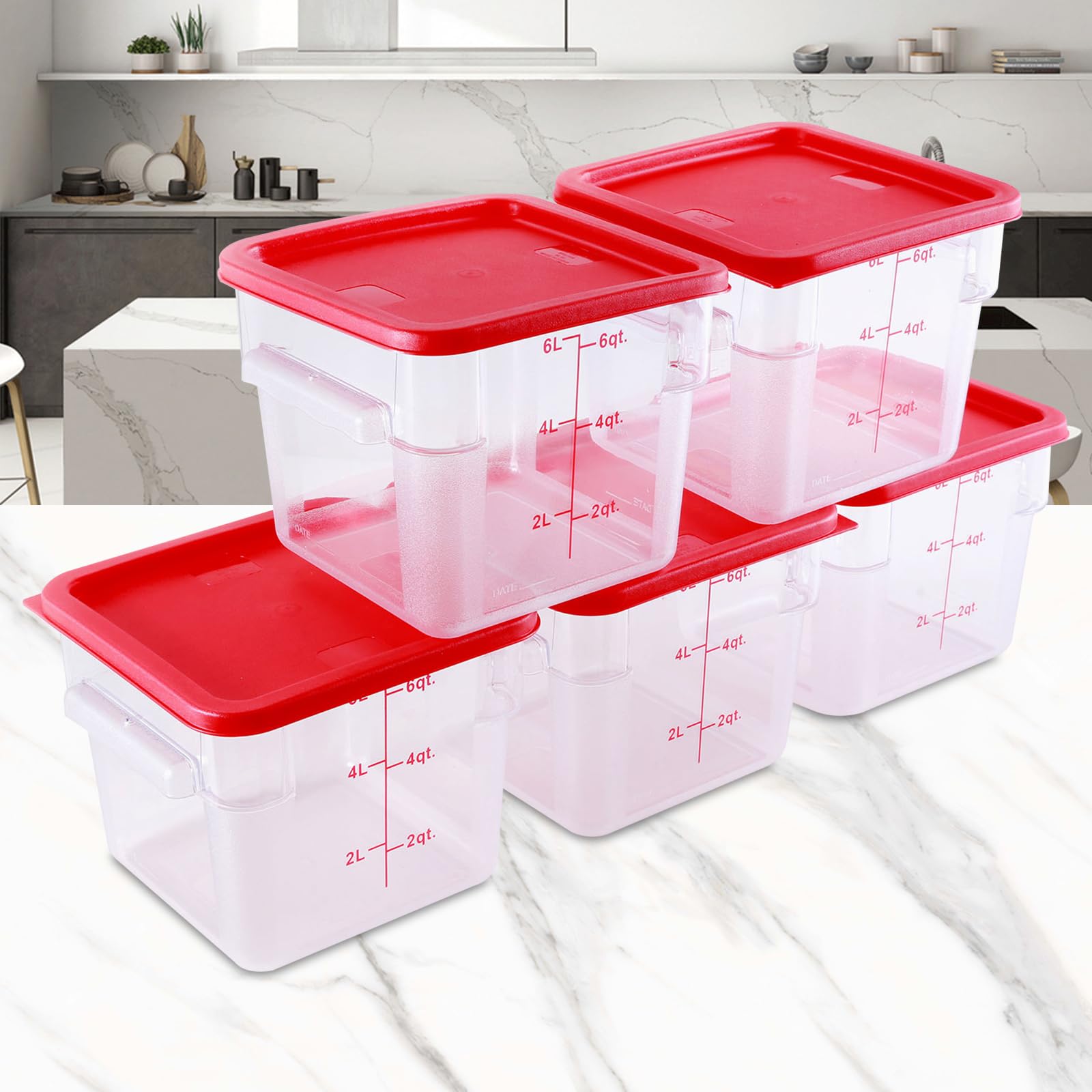 Jiwins 5 Pack Airtight Food Storage With Lid for Kitchen Pantry Organization and storage,Commercial Grade in 6 Qt - Square, Clear, Polycarbonate Plastic Canister Set