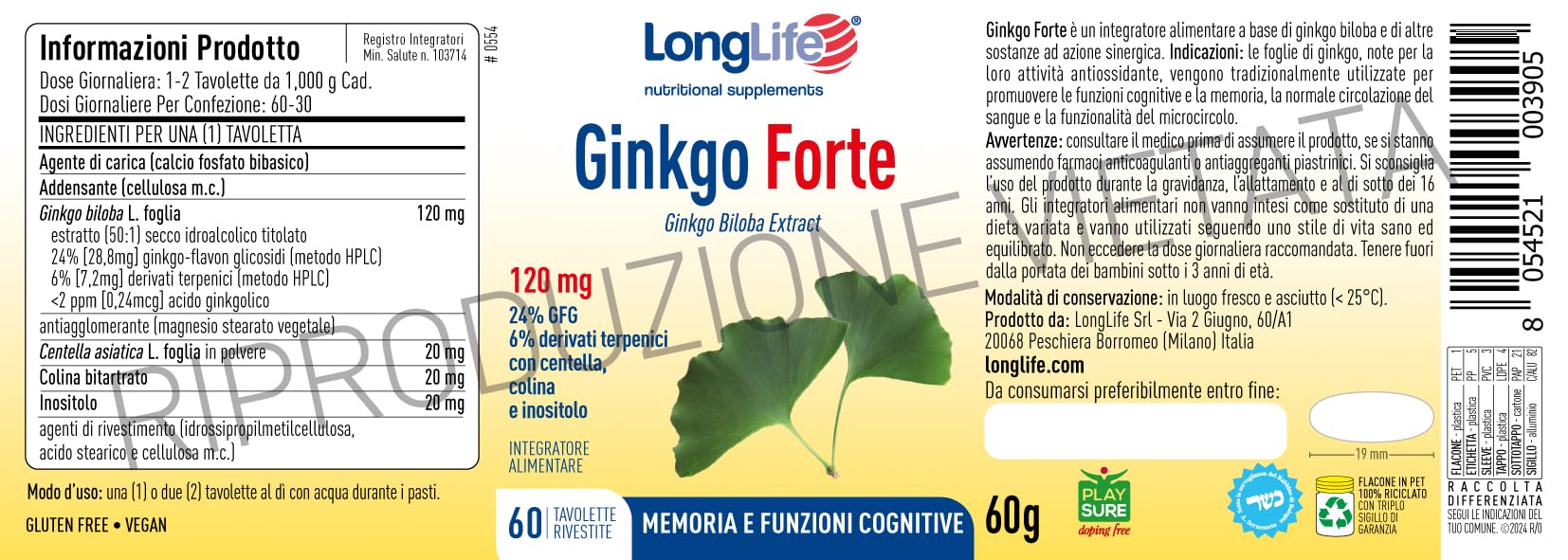 LongLife® Ginkgo Forte | Integratore di ginkgo con centella, colina e inositolo | Microcircolo, memoria e funzioni cognitive | Antiossidante | Fino a 2 mesi di trattamento | Vegano e senza glutine