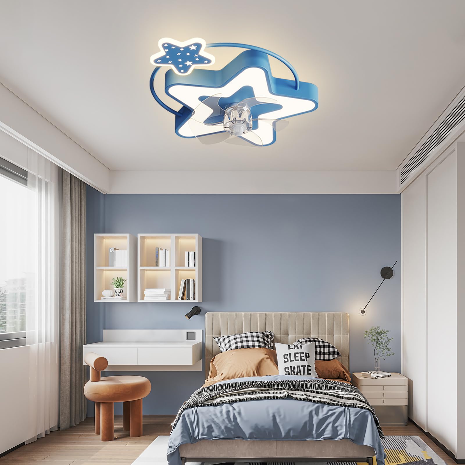 Bambini wentylator sufitowy LED z pilotem zdalnego sterowania, ściemniana, 6-biegowa, cichy, odwracalny, żyrandol, do pokoju dziecięcego, niebieski